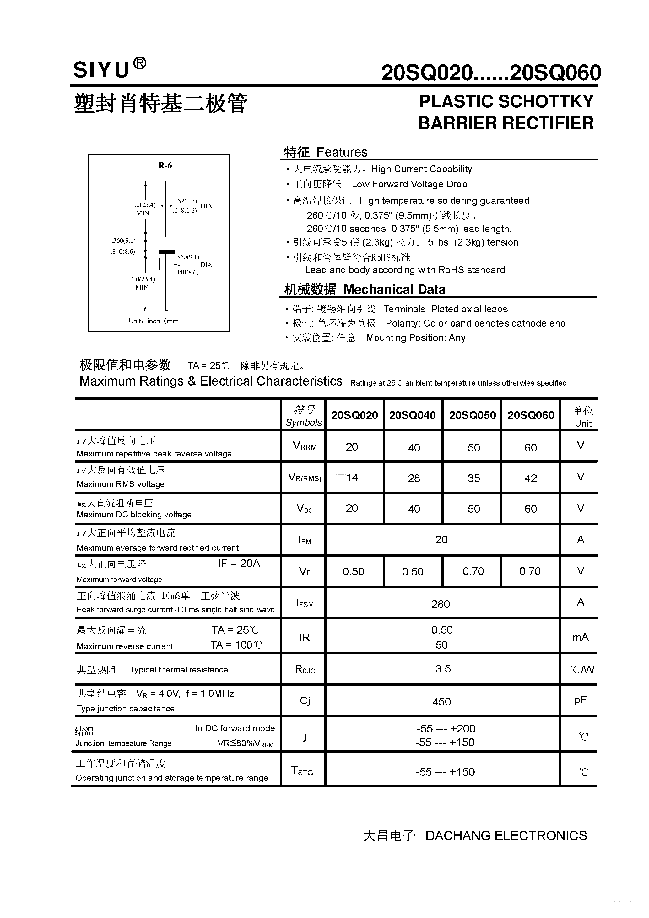 Datasheet 20SQ020 page 1 Datasheet 20SQ020 - (20SQ020 - 20SQ060) PLASTIC SCHOTTKY BARRIER RECTIFIER page 1