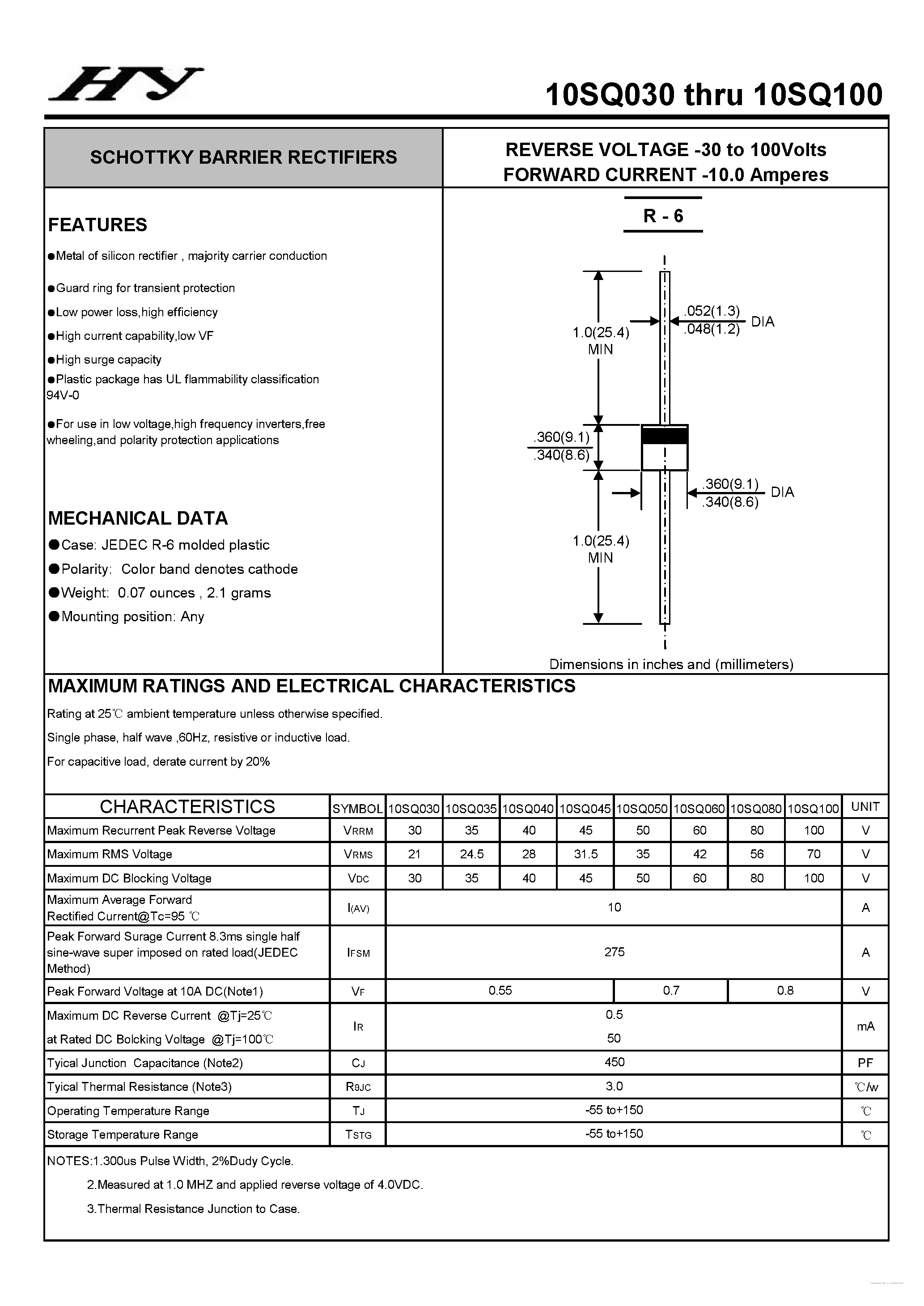 Datasheet 10SQ040 page 1 Datasheet 10SQ040 - (10SQ030 - 10SQ100) SCHOTTKY BARRIER RECTIFIERS page 1