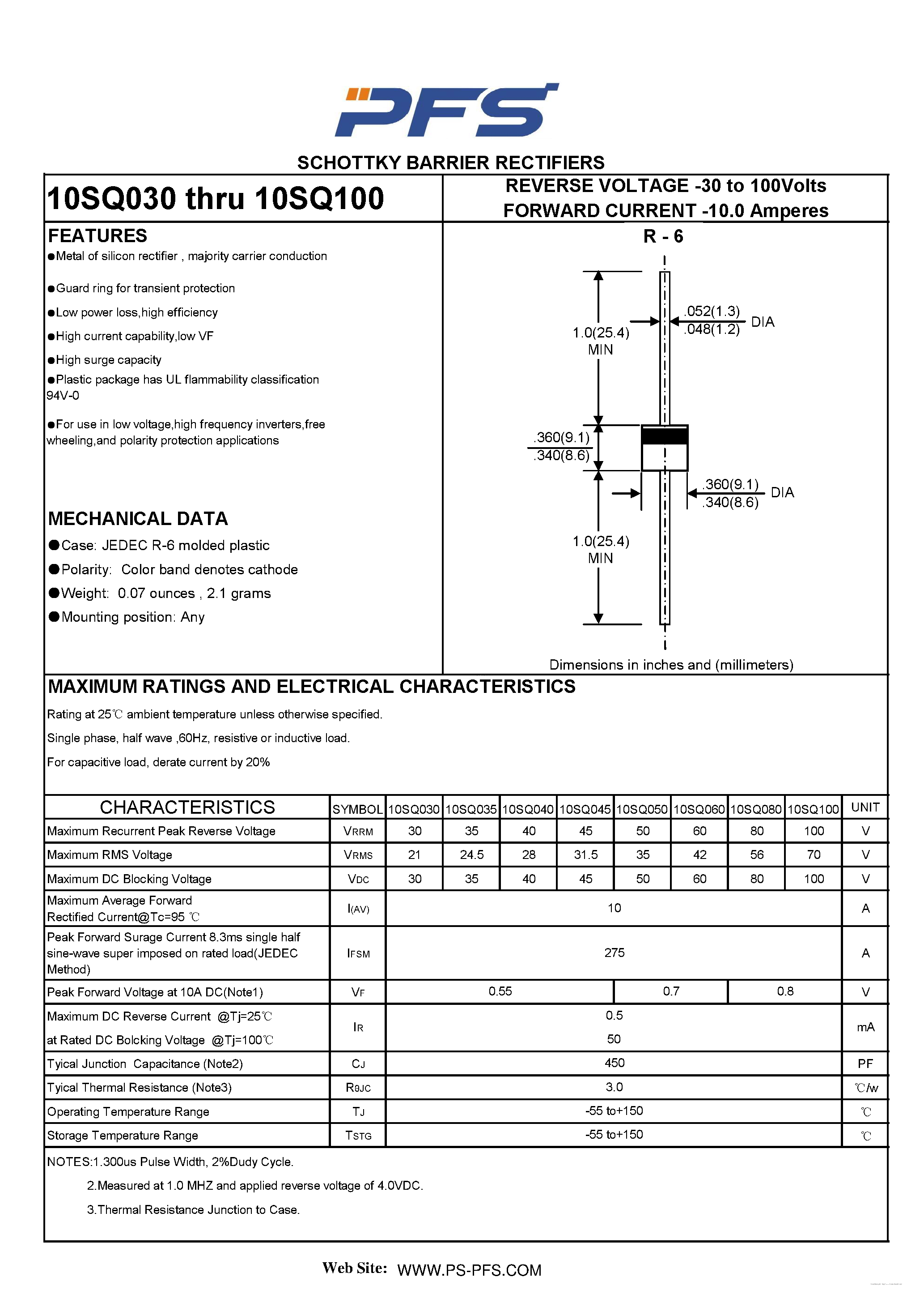 Datasheet 10SQ035 page 1 Datasheet 10SQ035 - (10SQ030 - 10SQ100) SCHOTTKY BARRIER RECTIFIERS page 1