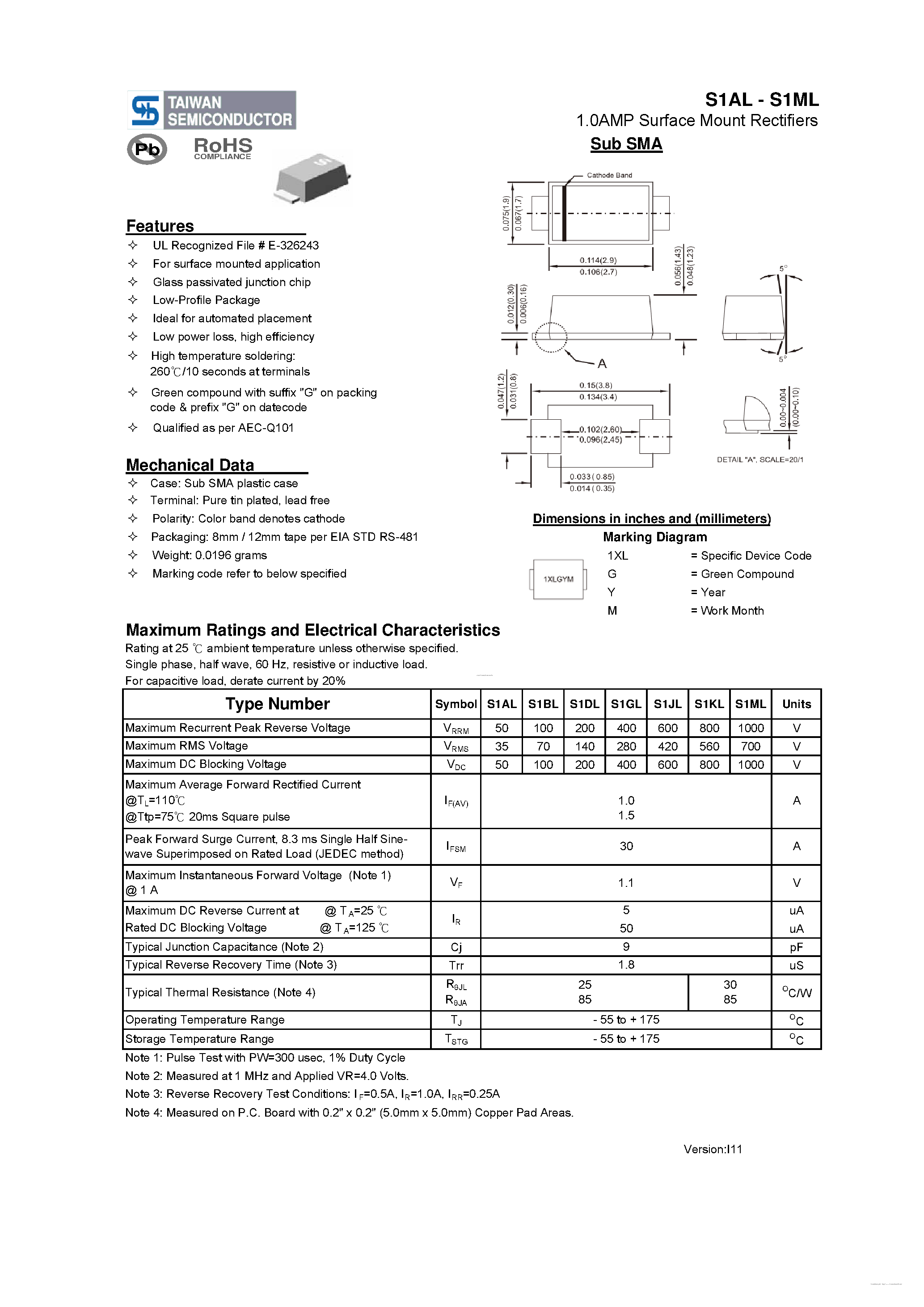 Datasheet S1ML page 1 Datasheet S1ML - 1.0AMP Surface Mount Rectifiers page 1