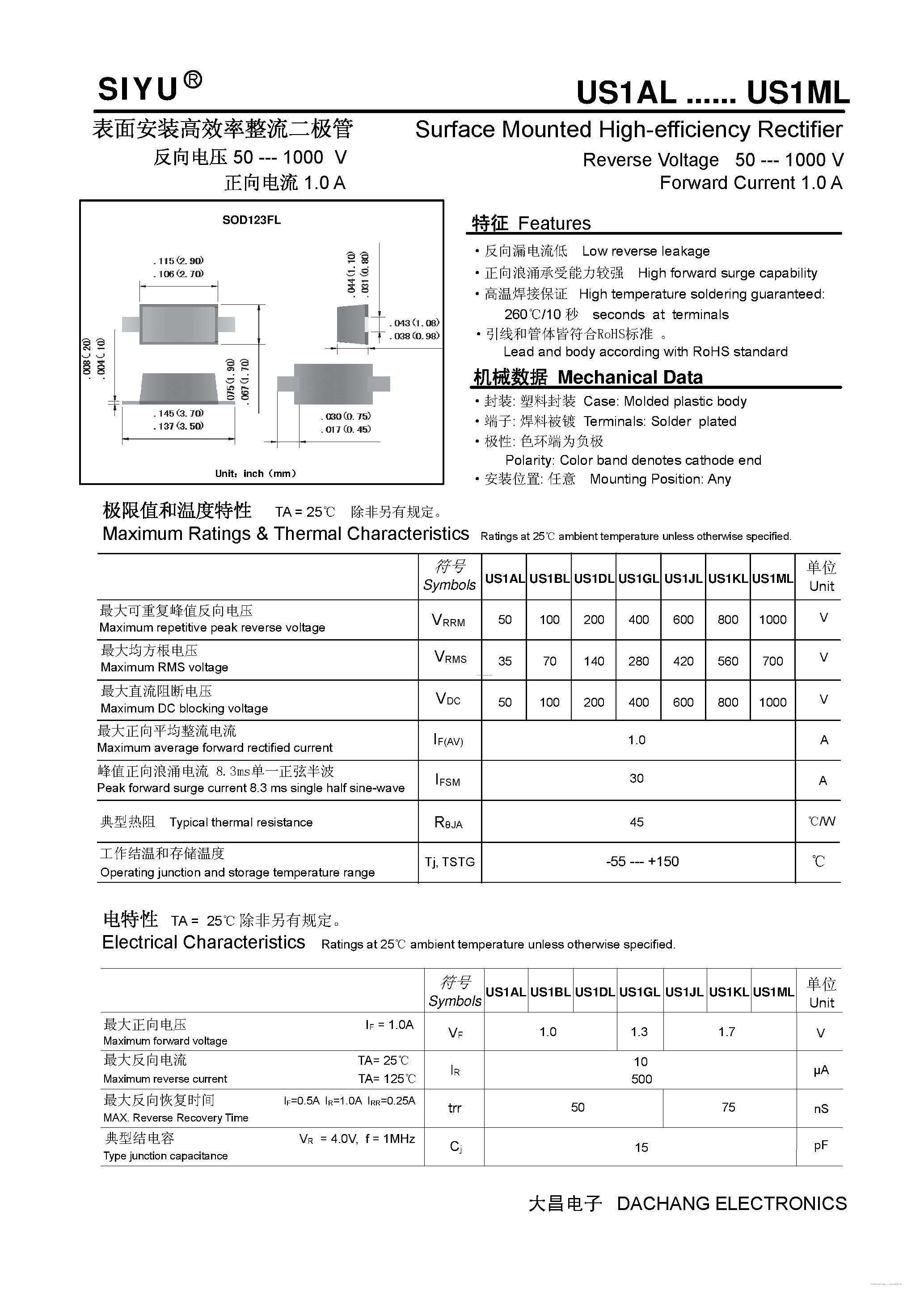 Datasheet US1AL page 1 Datasheet US1AL - (US1AL - US1ML) Surface Mounted High-efficiency Rectifier page 1