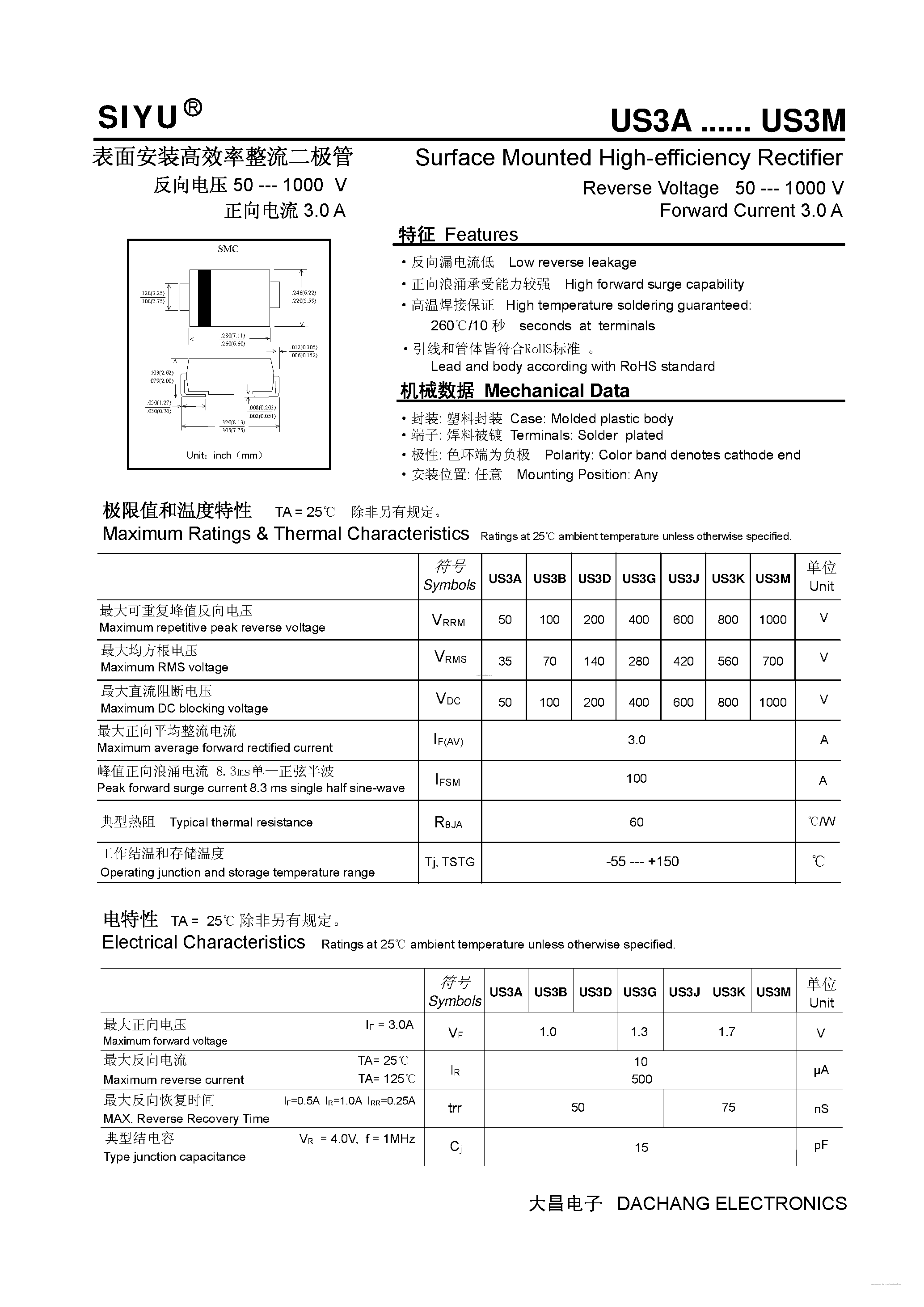 Datasheet US3A - (US3A - US3M) Surface Mounted High-efficiency Rectifier page 1