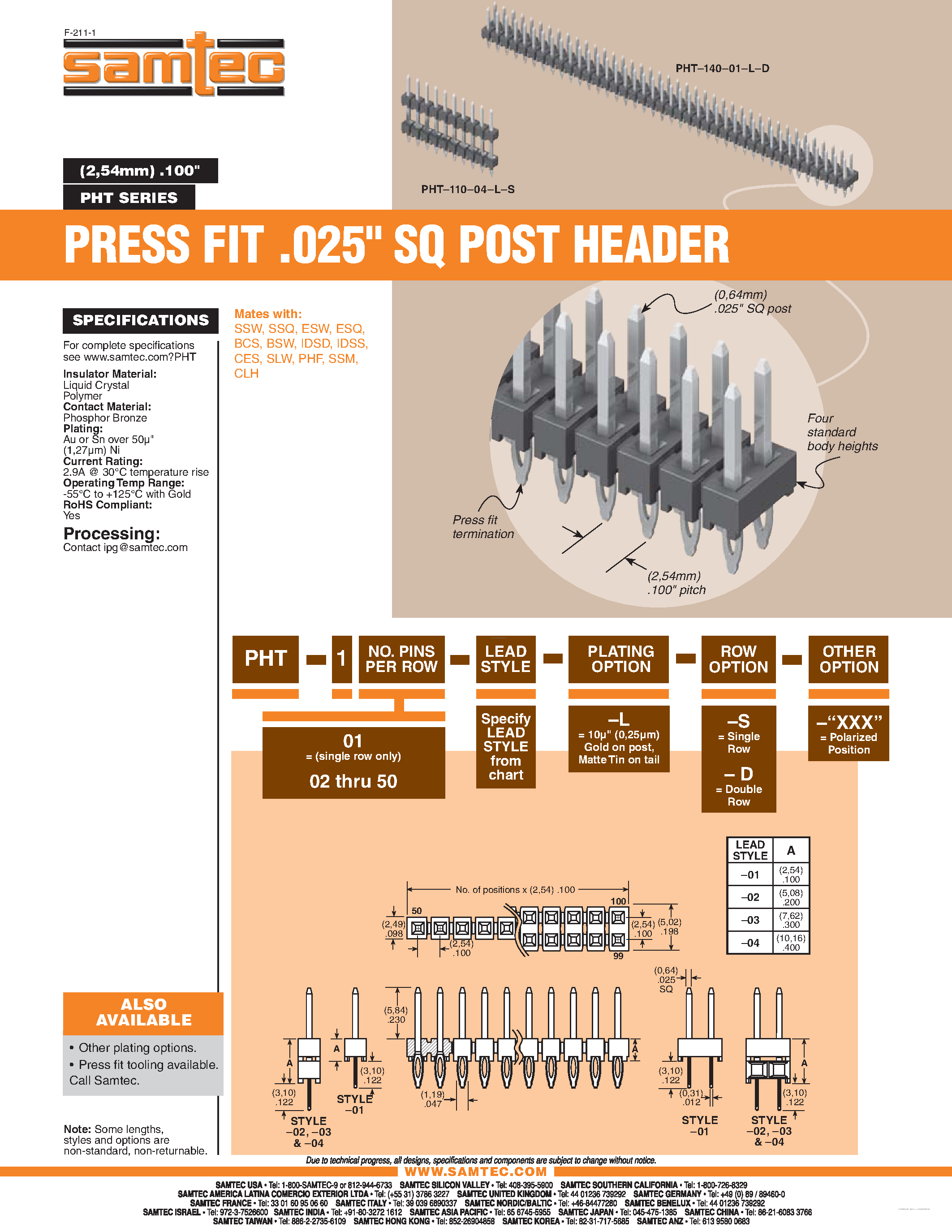 Datasheet PHT-10x-xx-L-x page 1 Datasheet PHT-10x-xx-L-x - PRESS FIT .025 SQ POST HEADER page 1