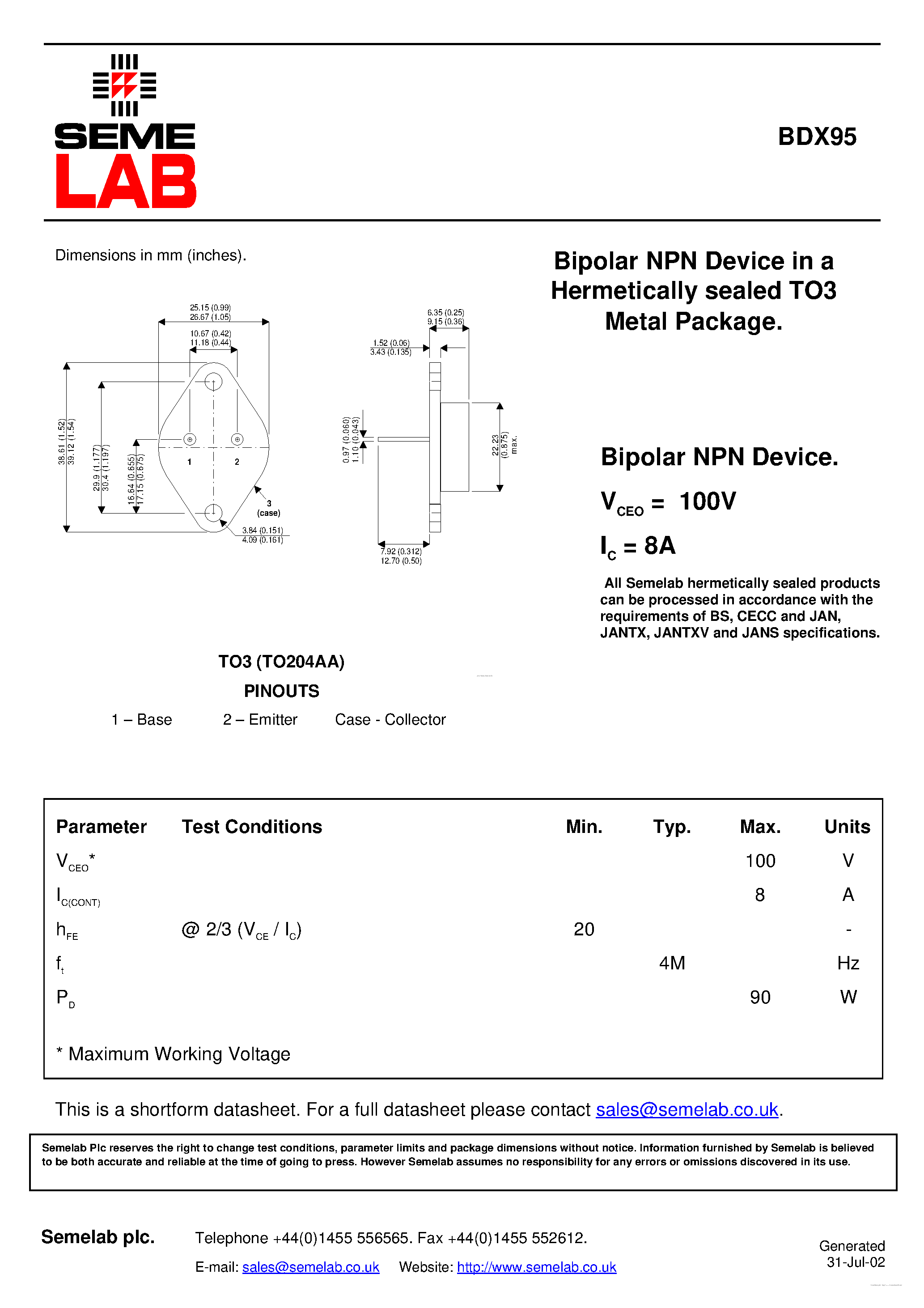 Даташит на микросхему BDX95 страница 1 Даташит BDX95 - Bipolar NPN Device страница 1