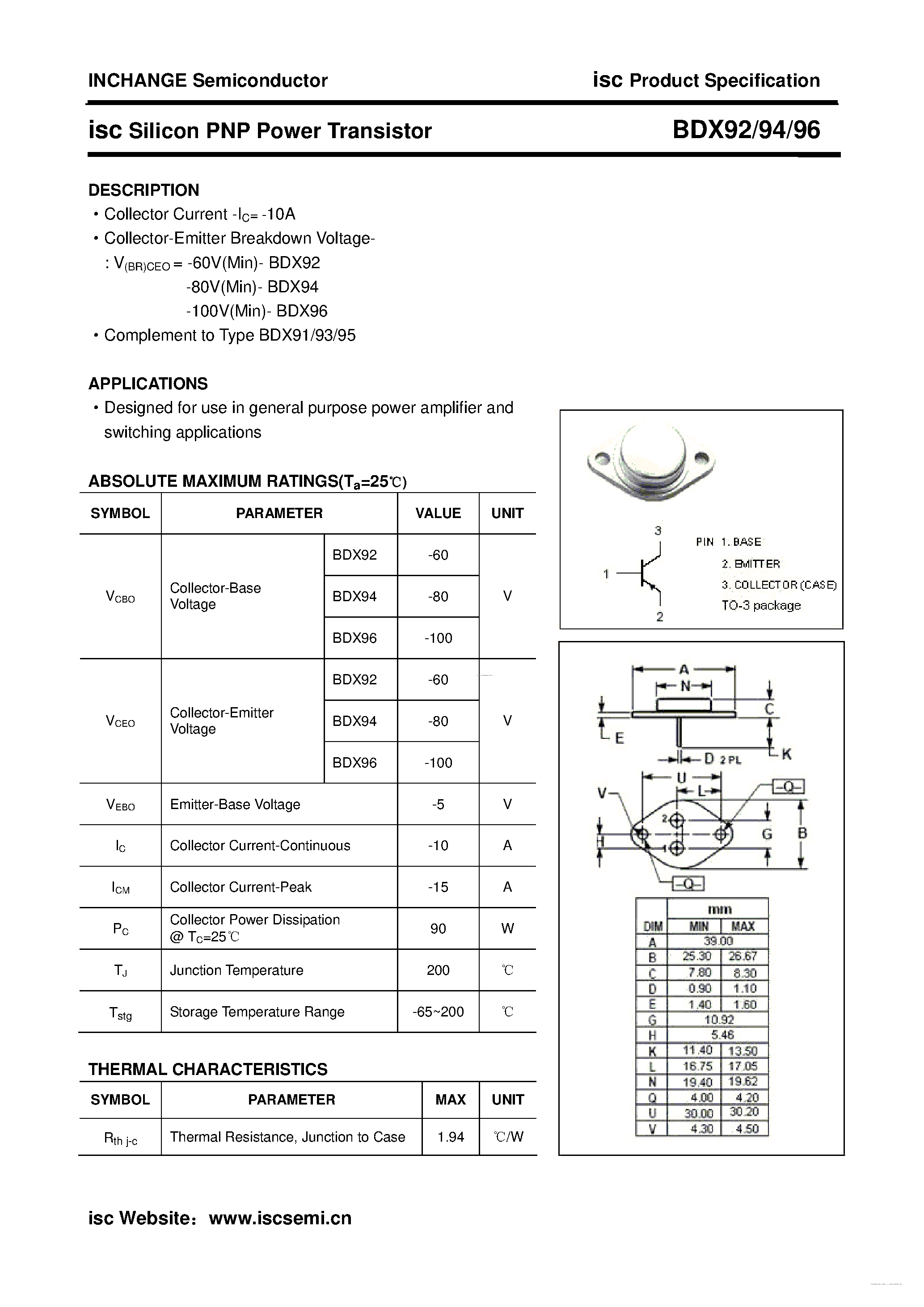 Даташит BDX92 - (BDX92 - BDX96) Silicon PNP Power Transistor страница 1