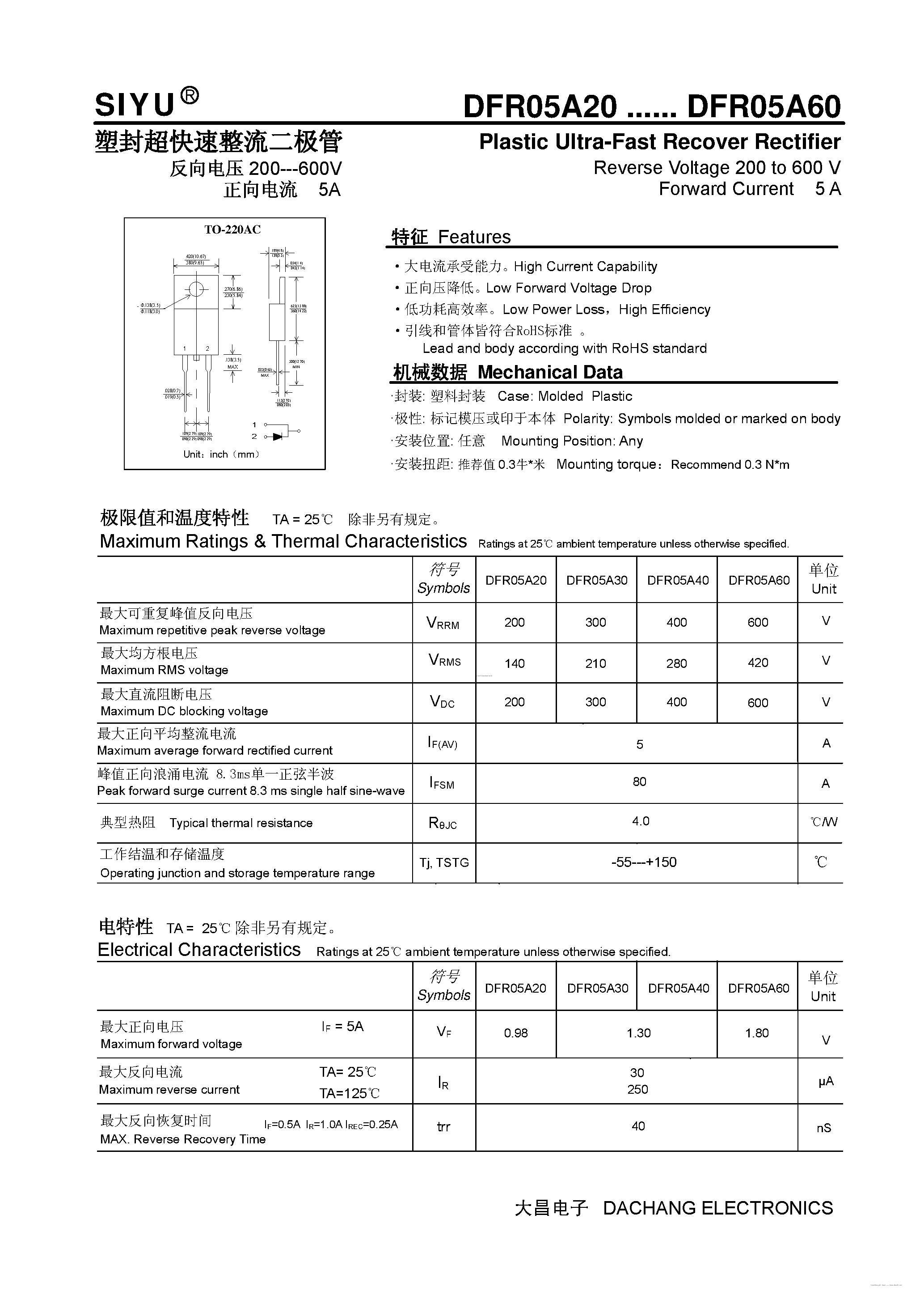 Datasheet DFR05A20 page 1 Datasheet DFR05A20 - (DFR05A20 - DFR05A60) Plastic Ultra-Fast Recover Rectifier page 1