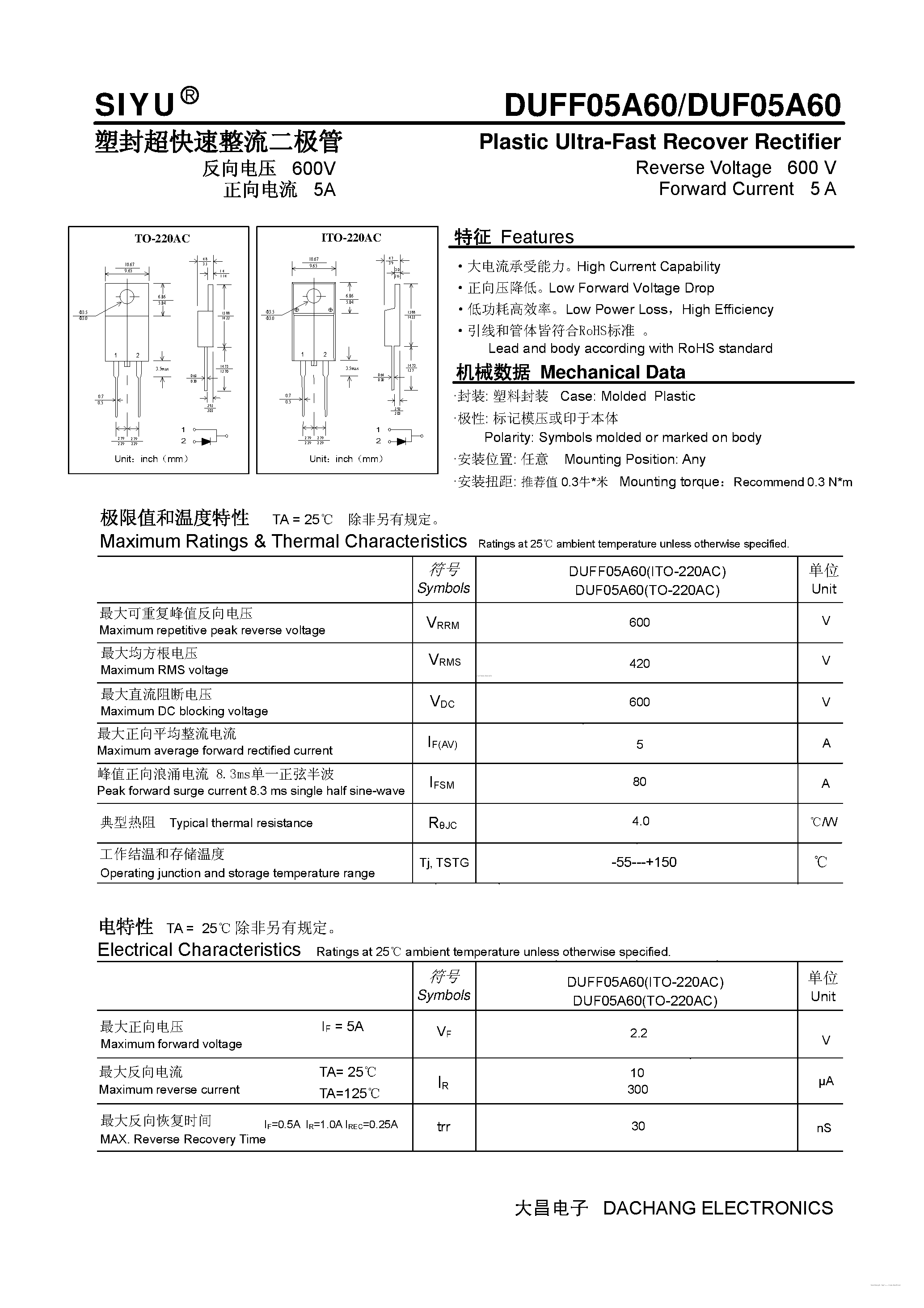Datasheet DUF05A60 - Plastic Ultra-Fast Recover Rectifier page 1