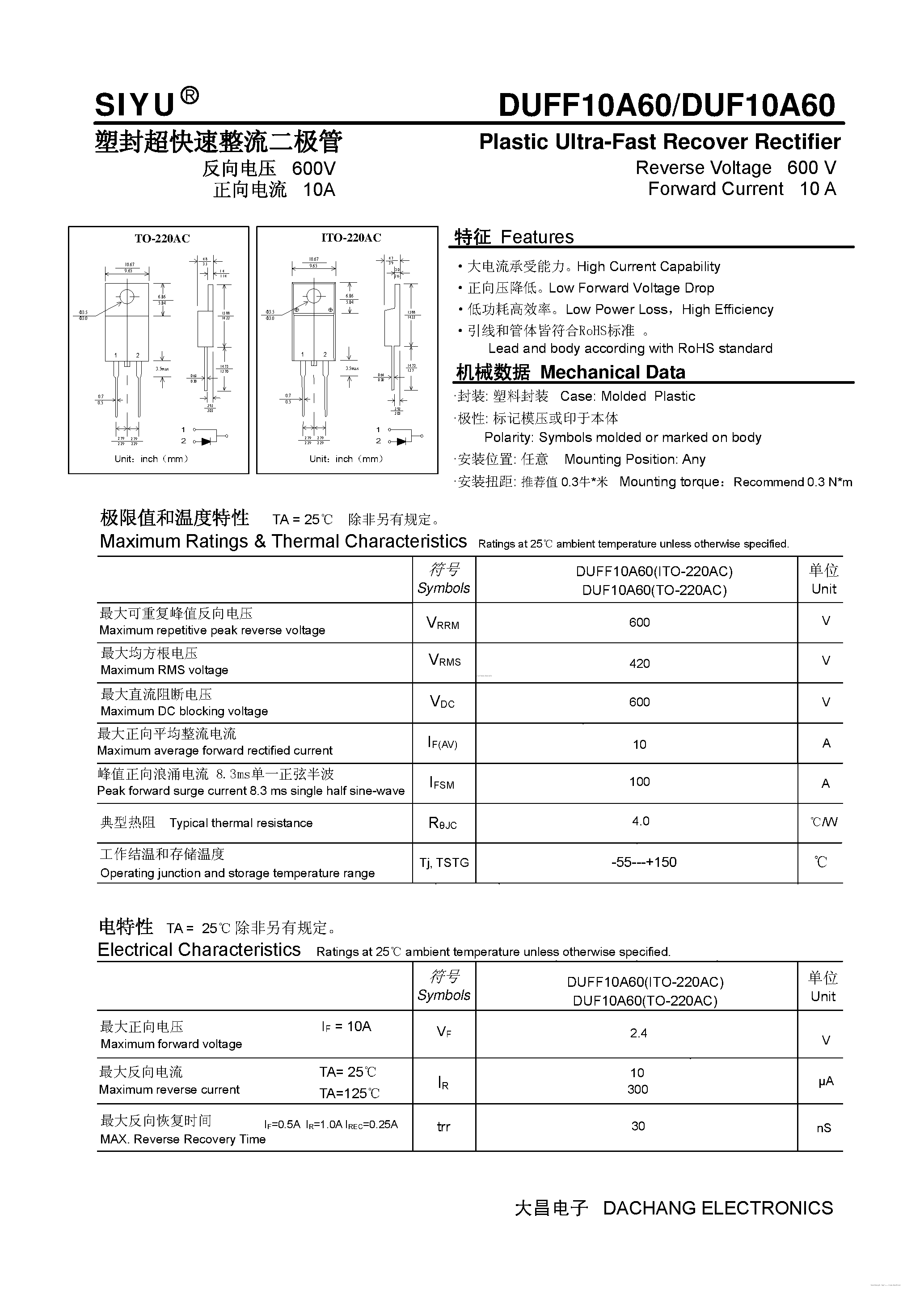 Datasheet DUF10A60 - Plastic Ultra-Fast Recover Rectifier page 1