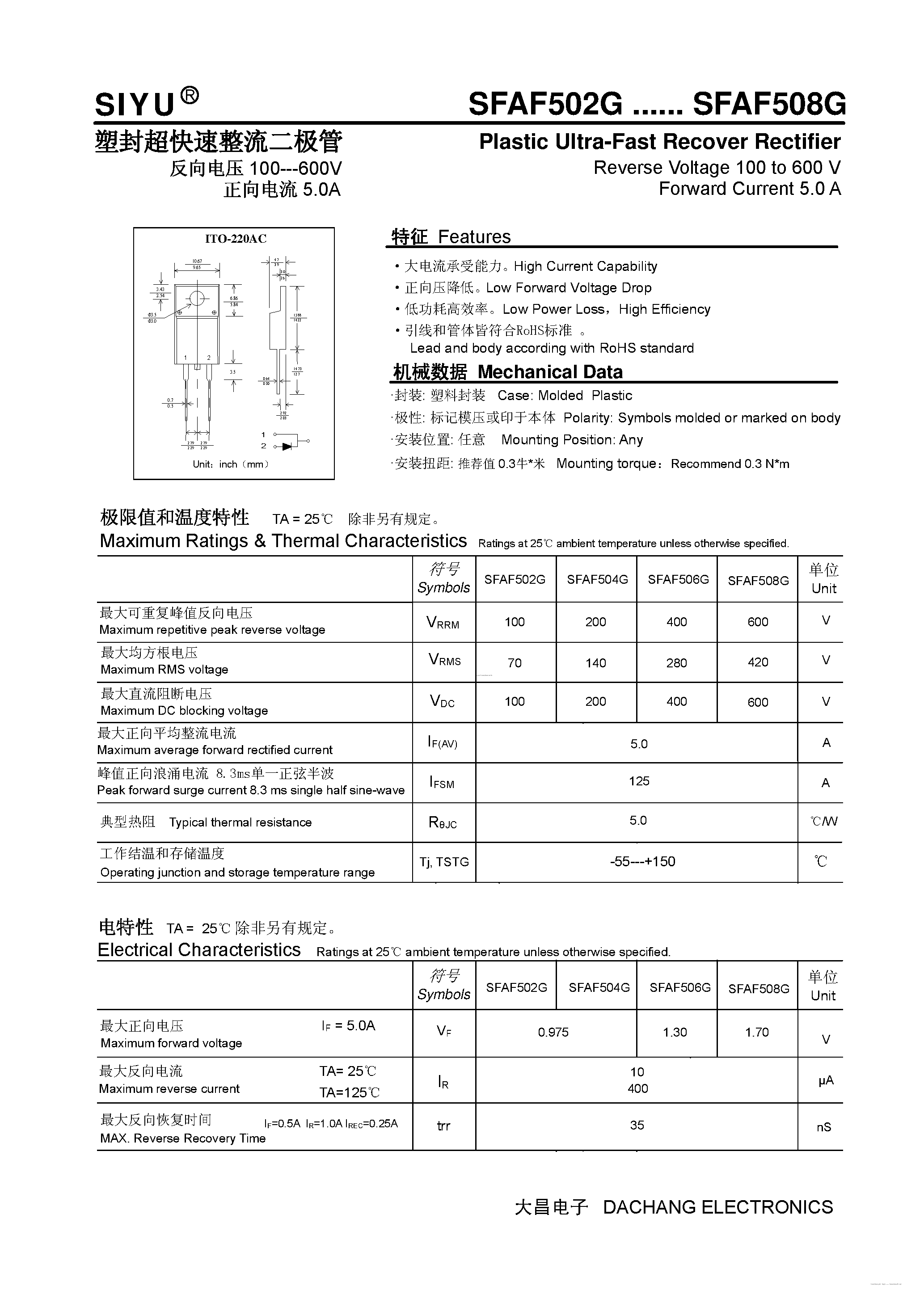 Datasheet SFAF502G page 1 Datasheet SFAF502G - (SFAF502G - SFAF508G) Plastic Ultra-Fast Recover Rectifier page 1