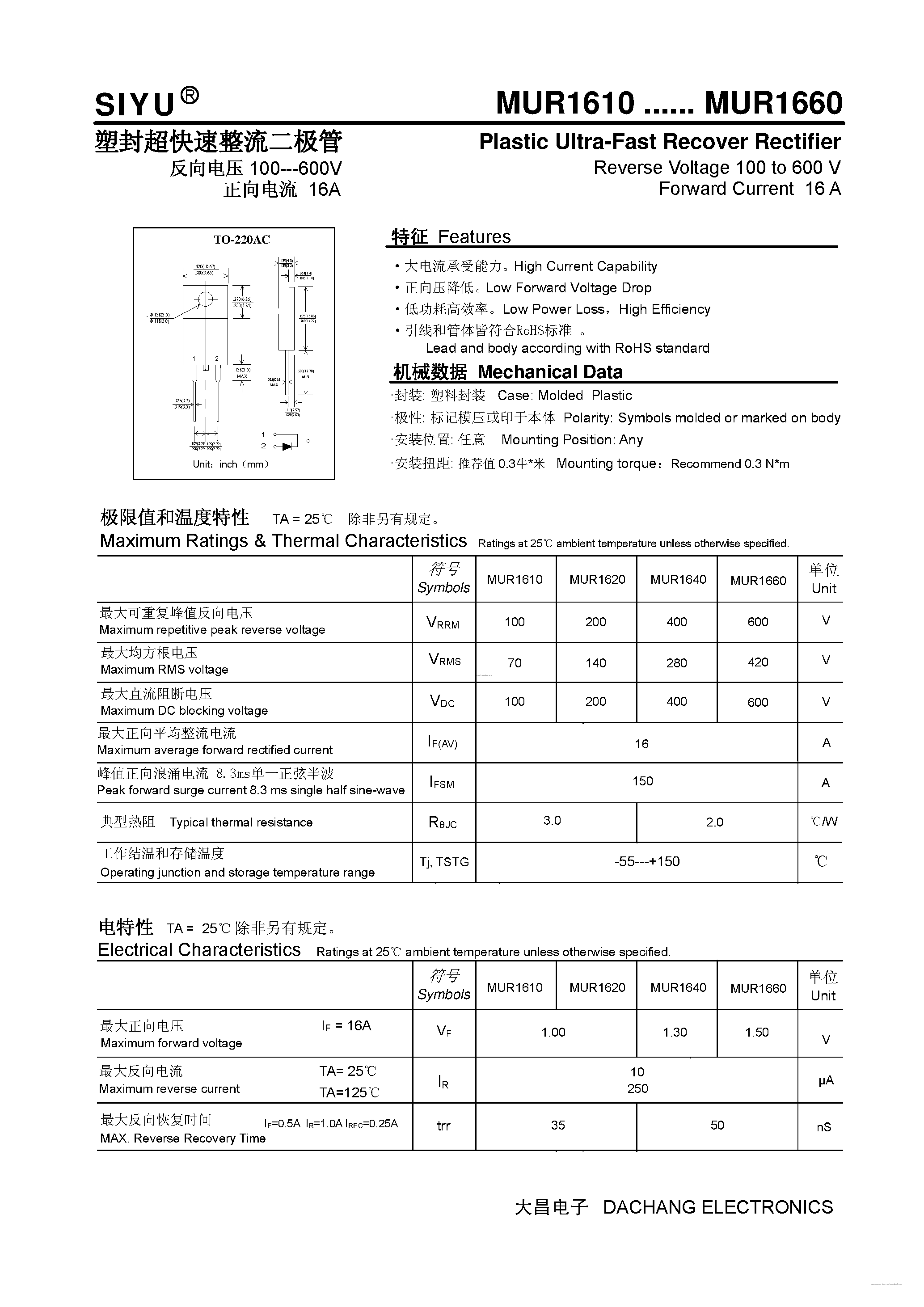 Даташит MUR1610 - (MUR1610 - MUR1660) Plastic Ultra-Fast Recover Rectifier страница 1