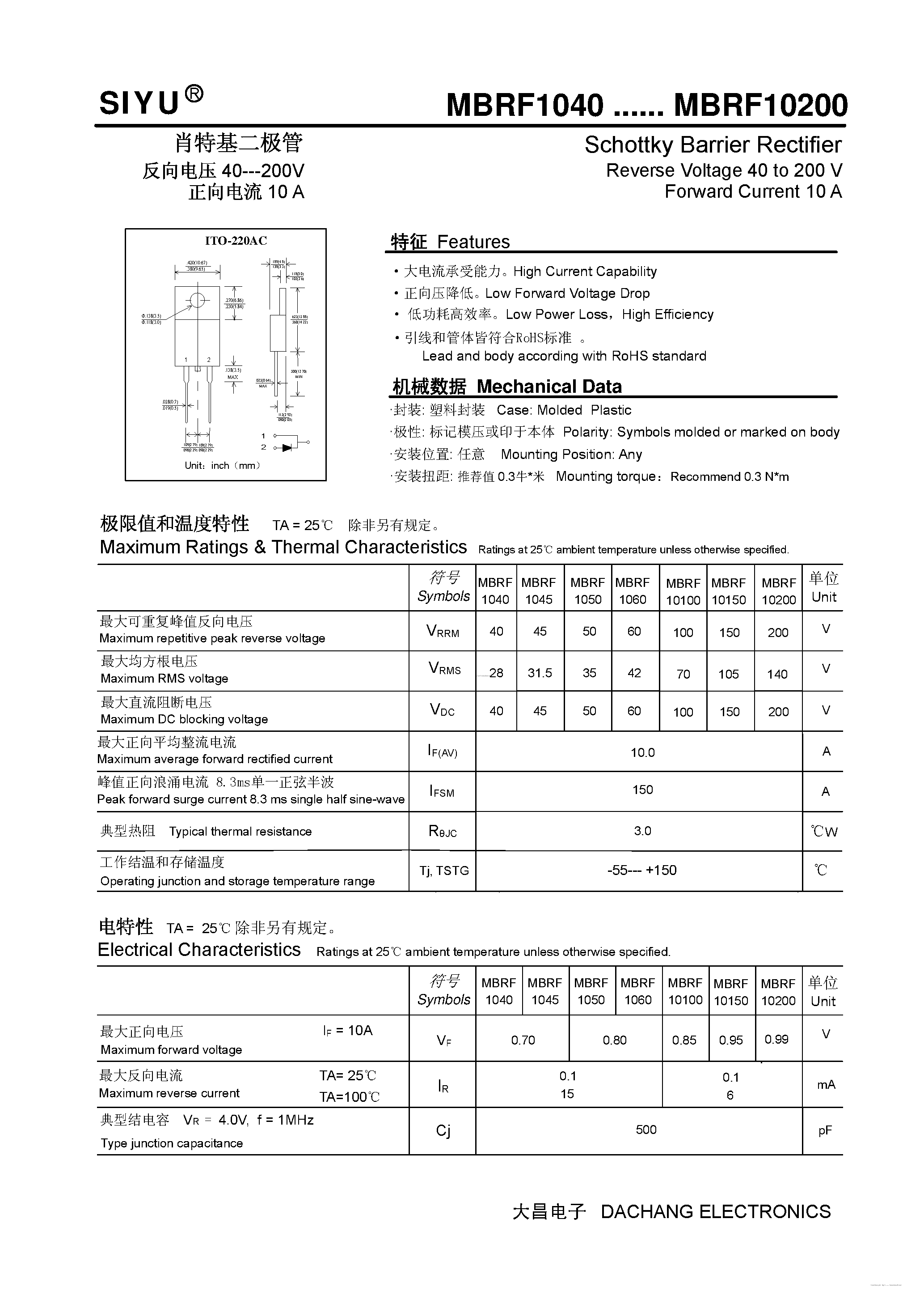 Даташит MBRF10100 - (MBRF1040 - MBRF10200) Schottky Barrier Rectifier страница 1