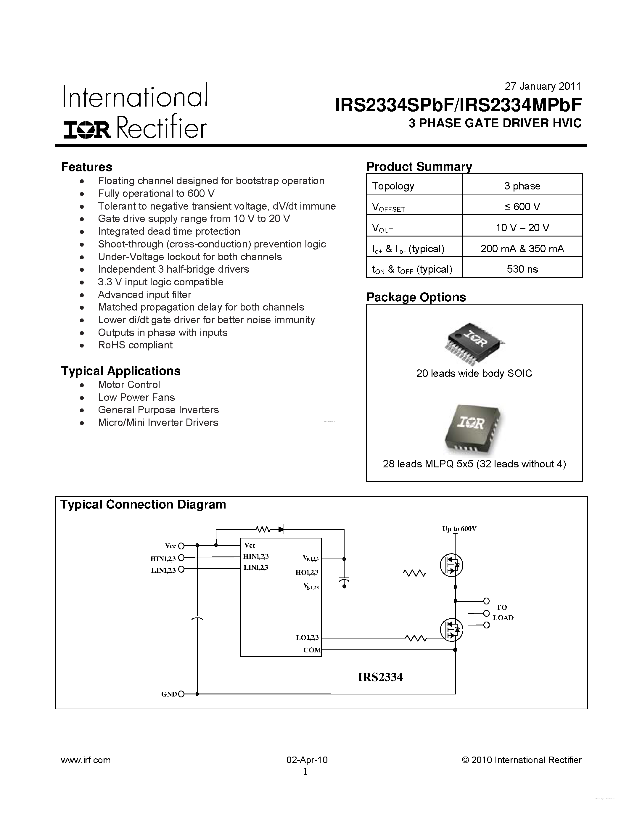 Datasheet IRS2334MPBF - 3 PHASE GATE DRIVER HVIC page 1