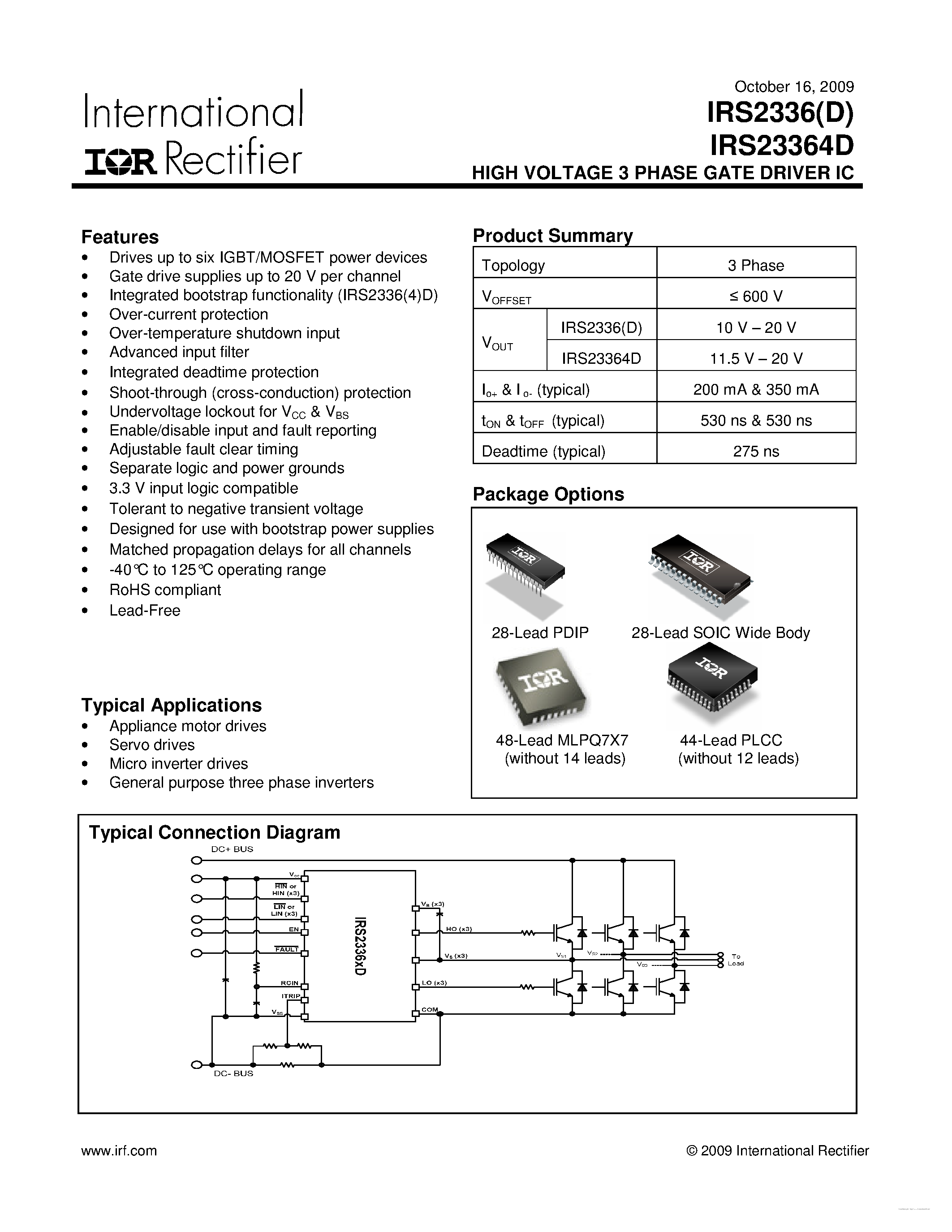 Datasheet IRS2336 - HIGH VOLTAGE 3 PHASE GATE DRIVER IC page 1