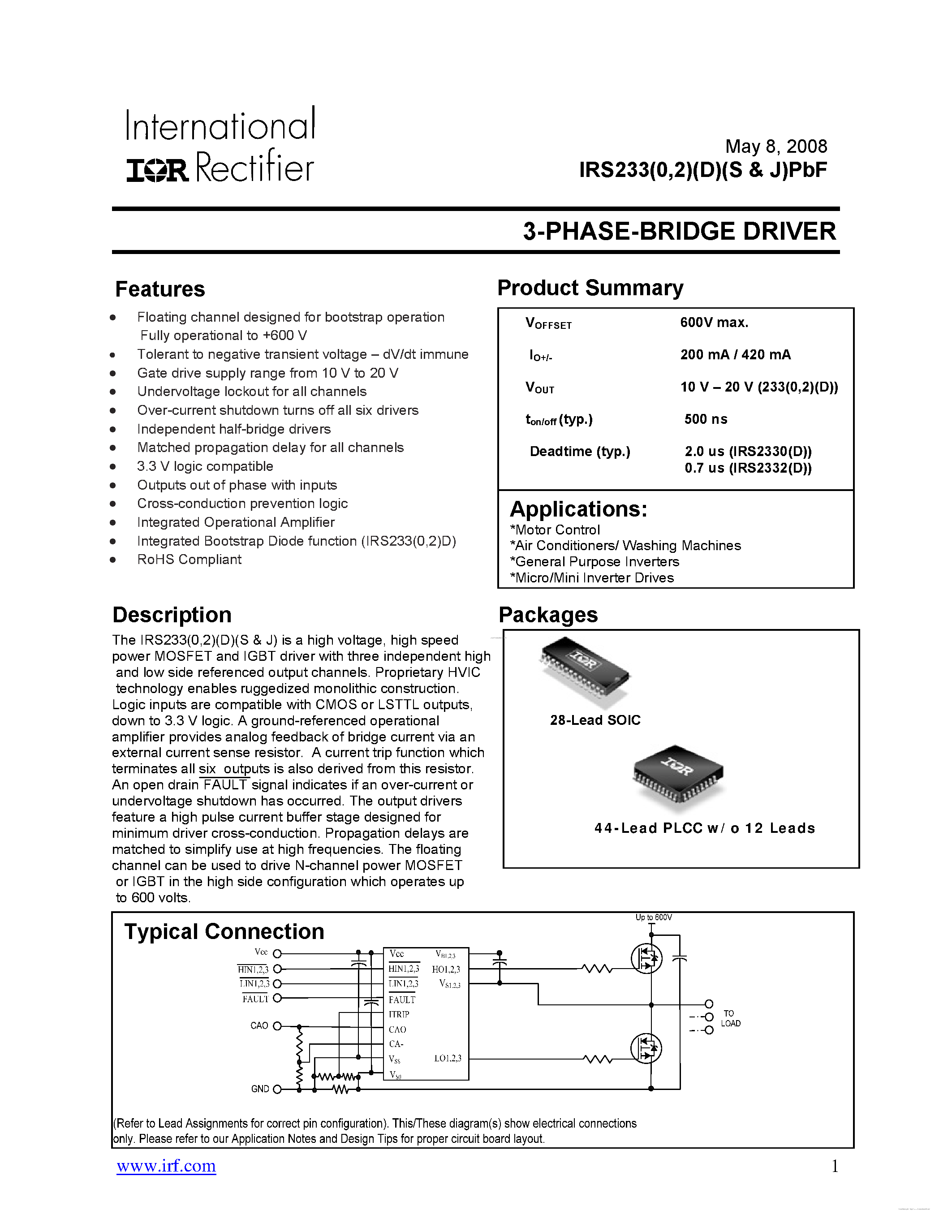 Datasheet IRS233DJPBF - 3-PHASE-BRIDGE DRIVER page 1