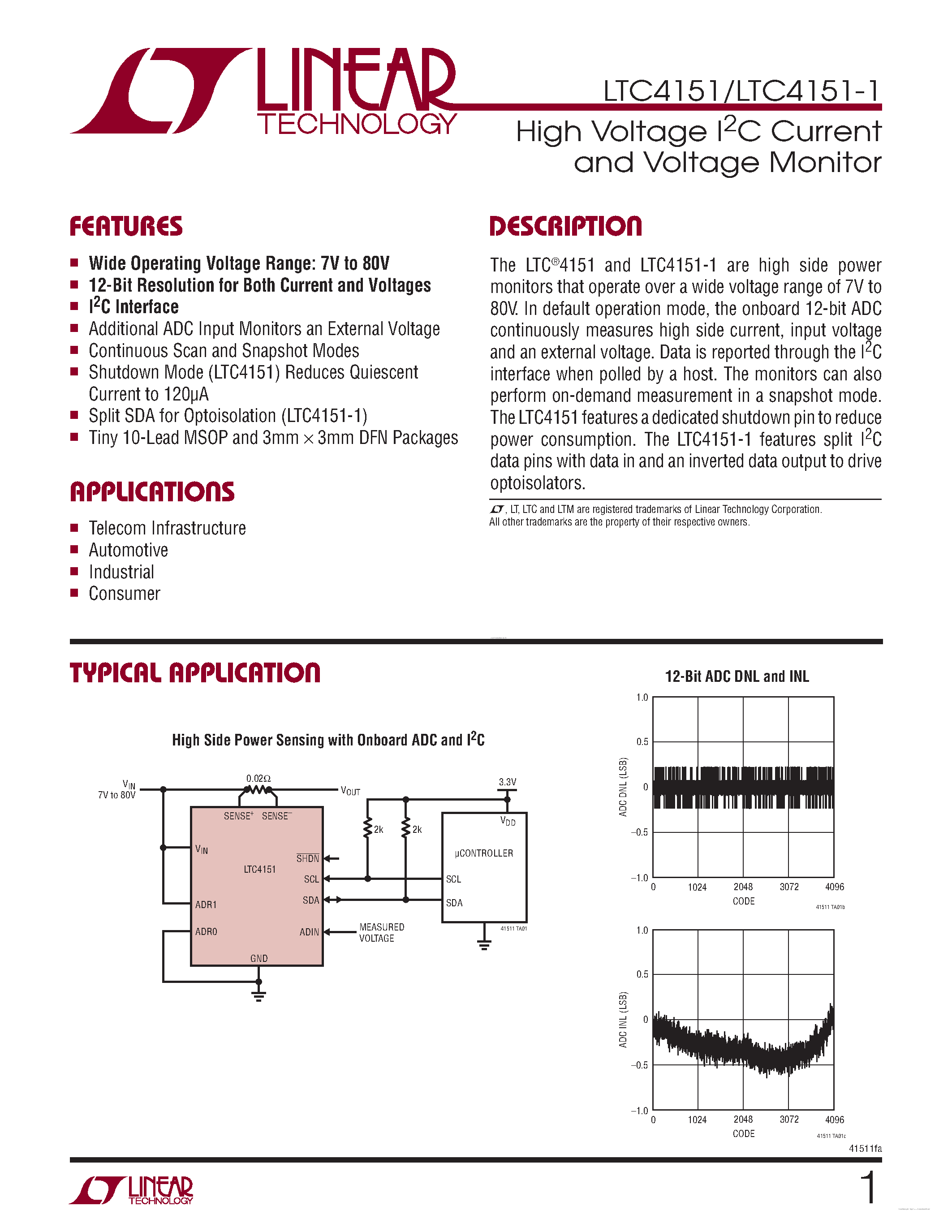Datasheet LTC4151 - High Voltage I2C Current and Voltage Monitor page 1