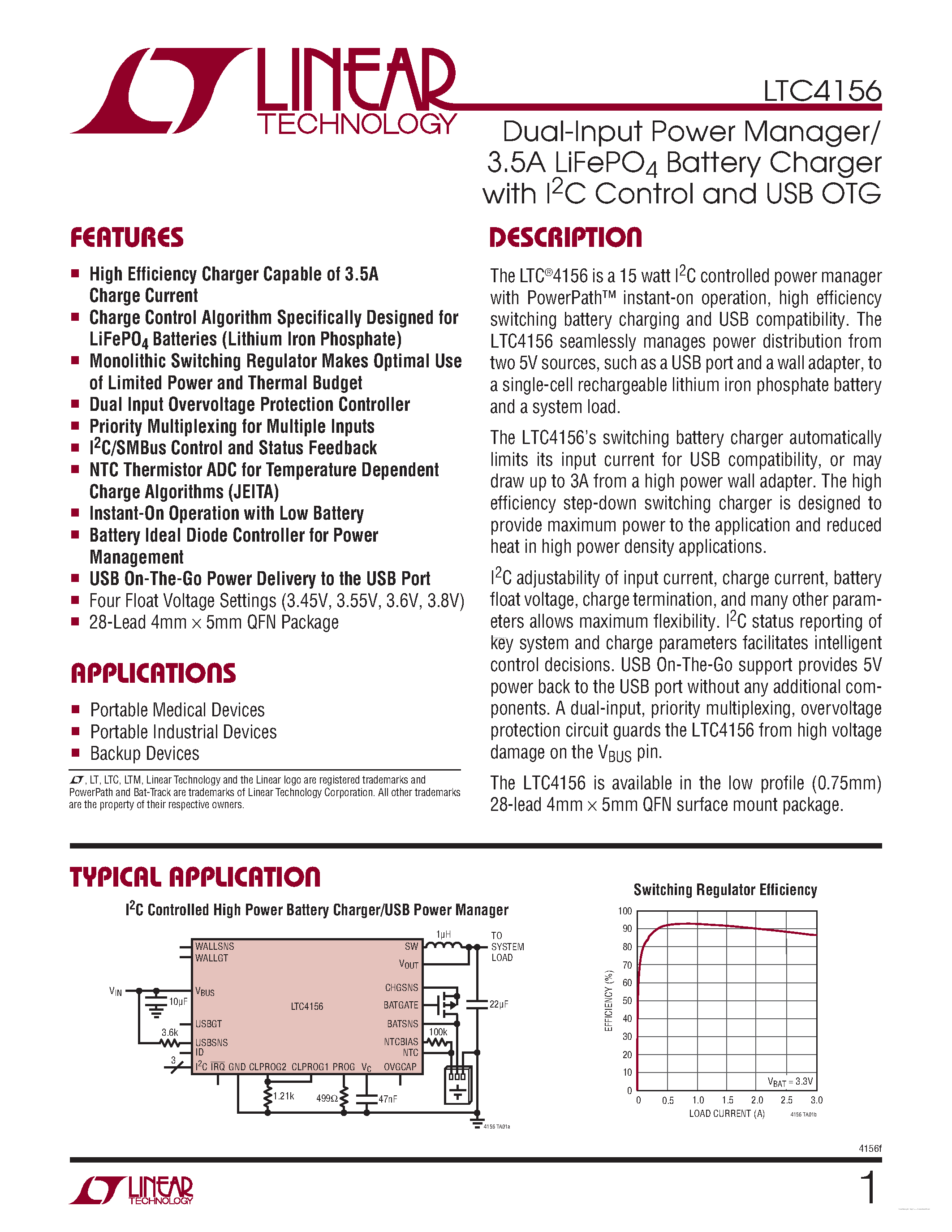 Datasheet LTC4156 - Dual-Input Power Manager / 3.5A LiFePO4 Battery Charger page 1