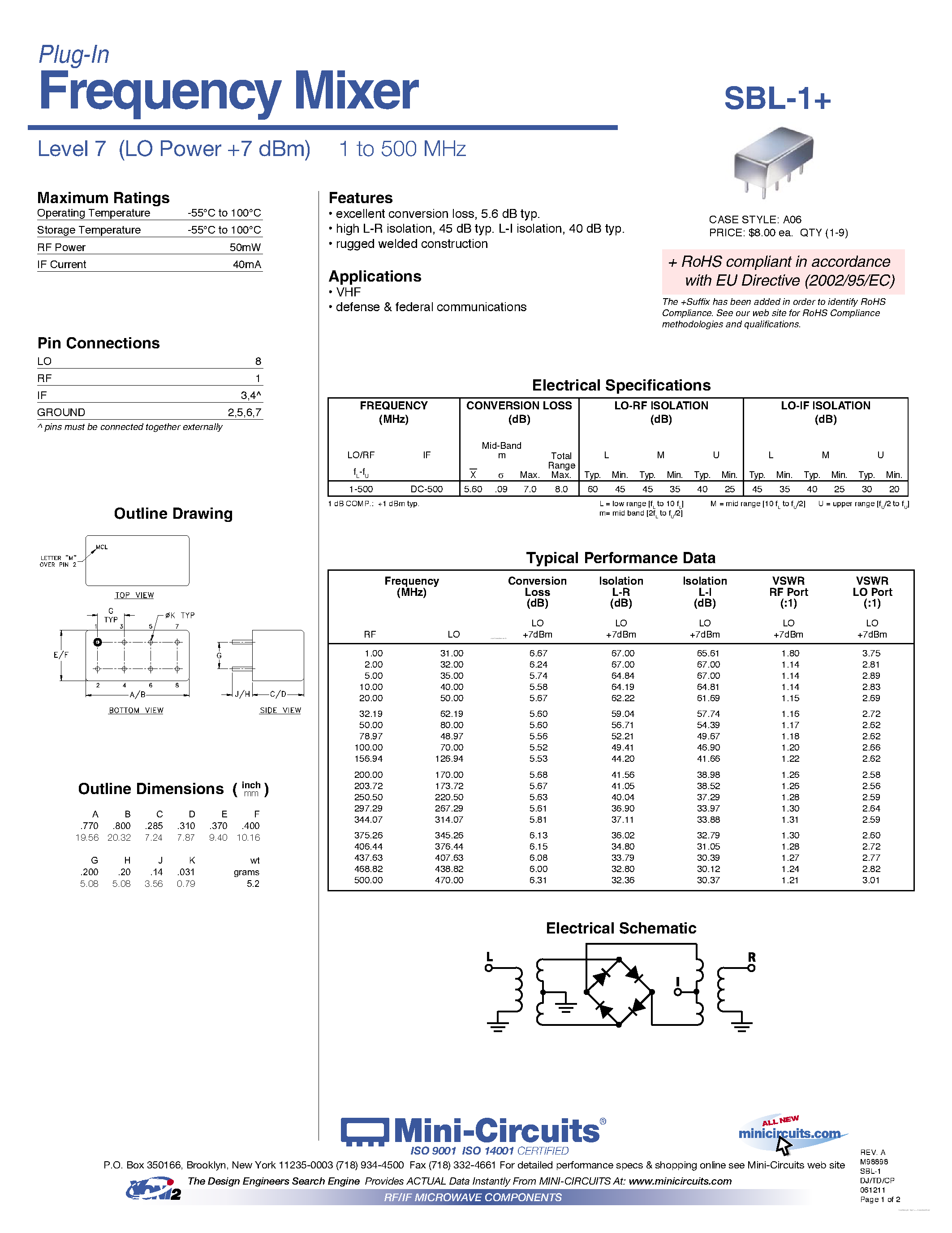 Datasheet SBL-1+ page 1 Datasheet SBL-1+ - Frequency Mixer page 1