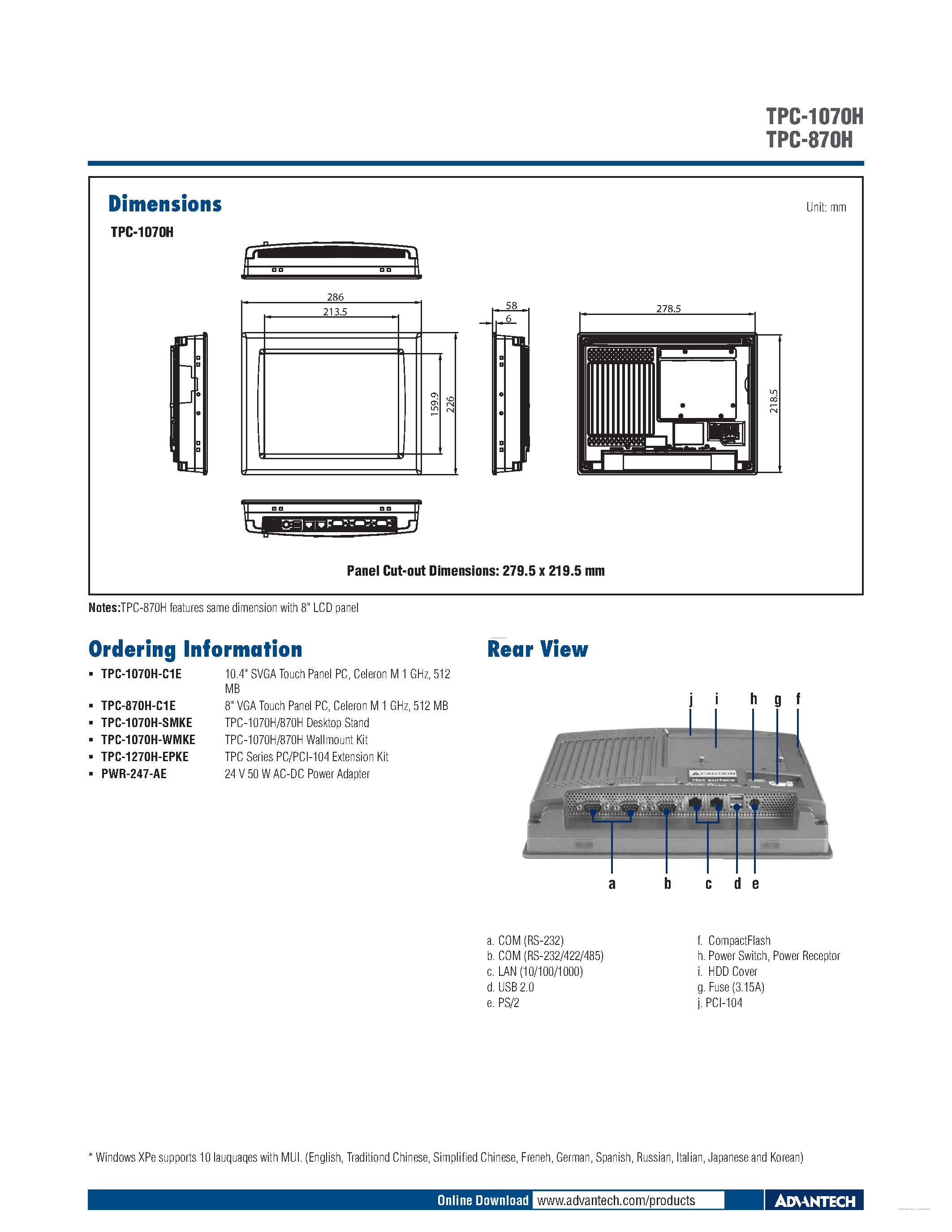 Даташит TPC-1070H - (TPC-870H / TPC-1070H) 10.4 SVGA TFT LCD Celeron Touch Panel Computer страница 2