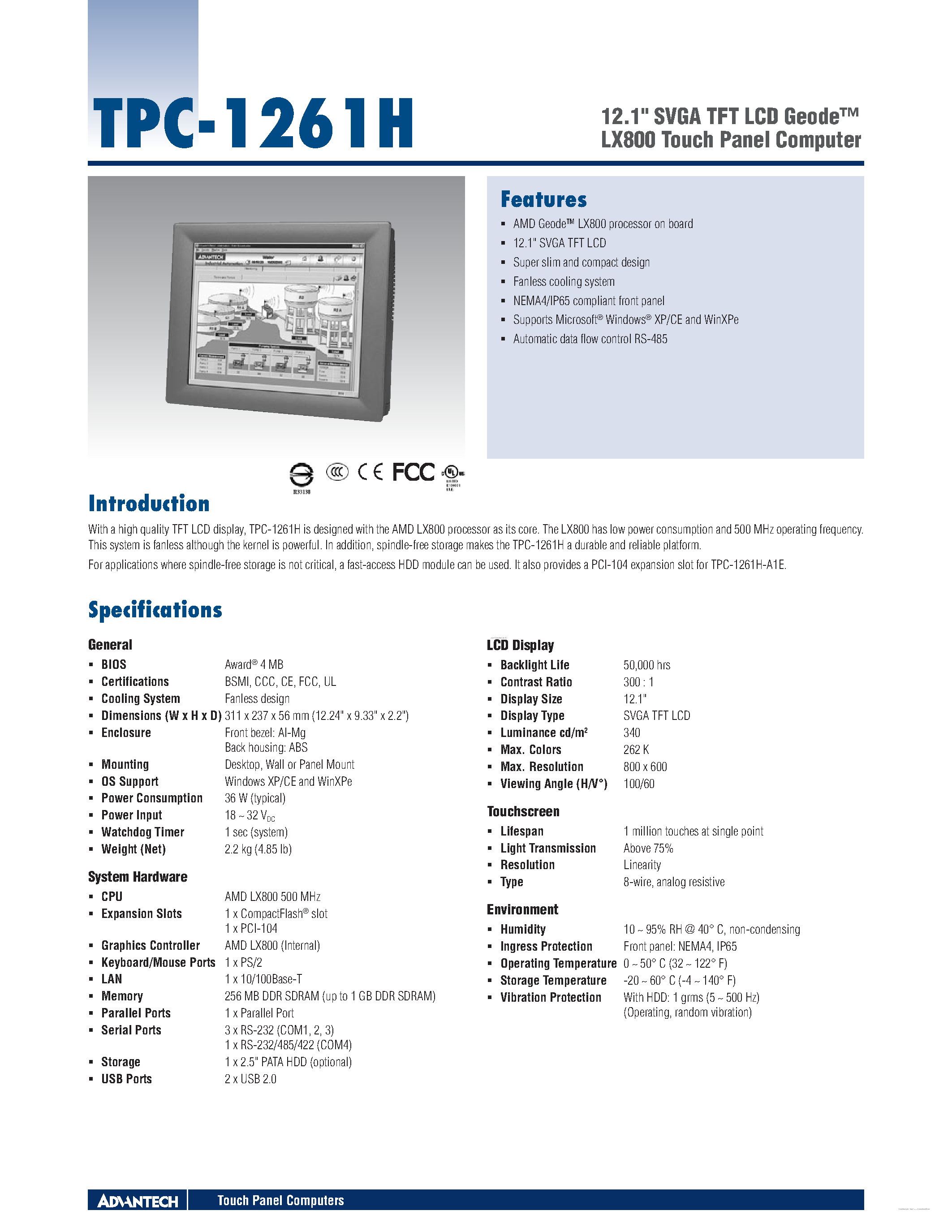 Datasheet TPC-1261H page 1 Datasheet TPC-1261H - 12.1 SVGA TFT LCD Geode LX800 Touch Panel Computer page 1