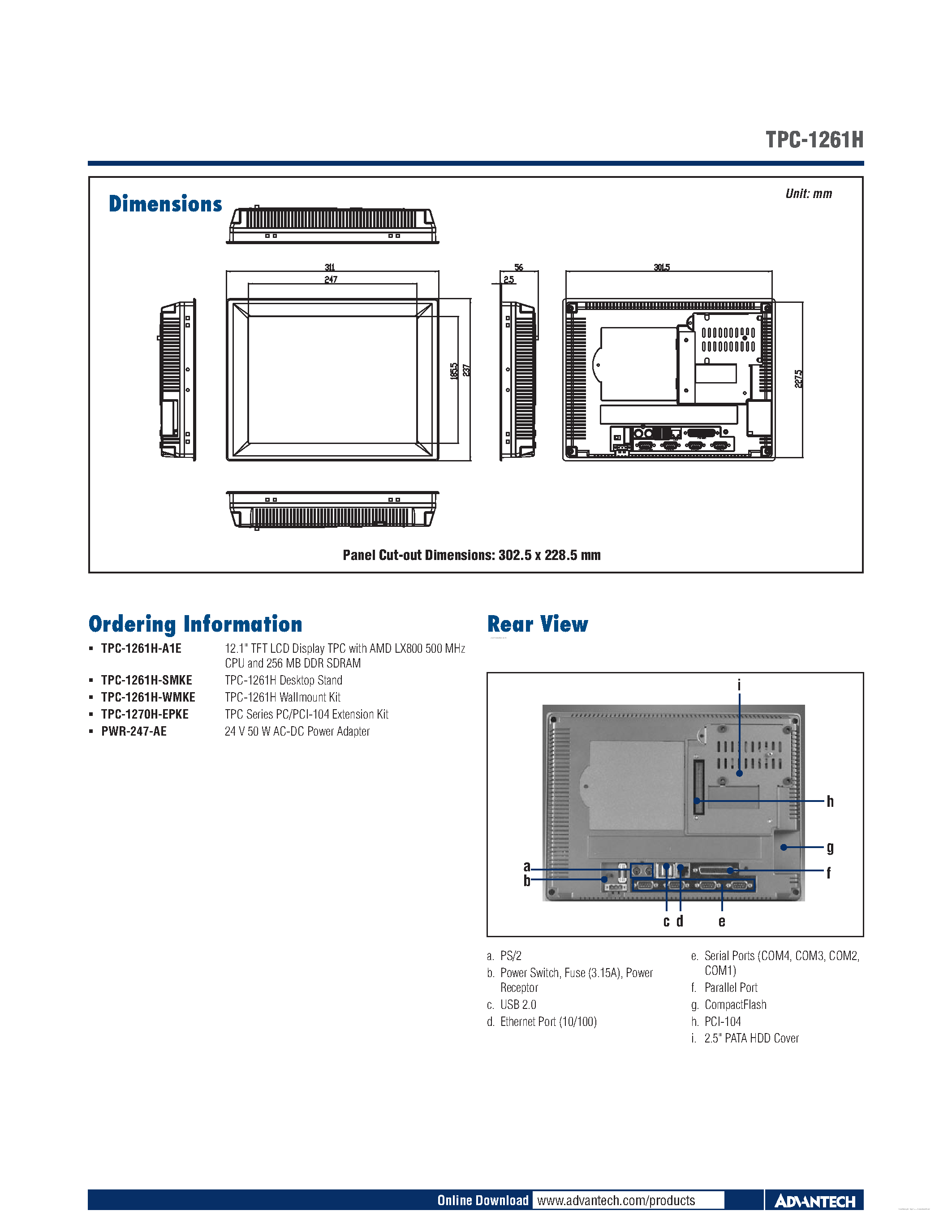 Datasheet TPC-1261H page 2 Datasheet TPC-1261H - 12.1 SVGA TFT LCD Geode LX800 Touch Panel Computer page 2