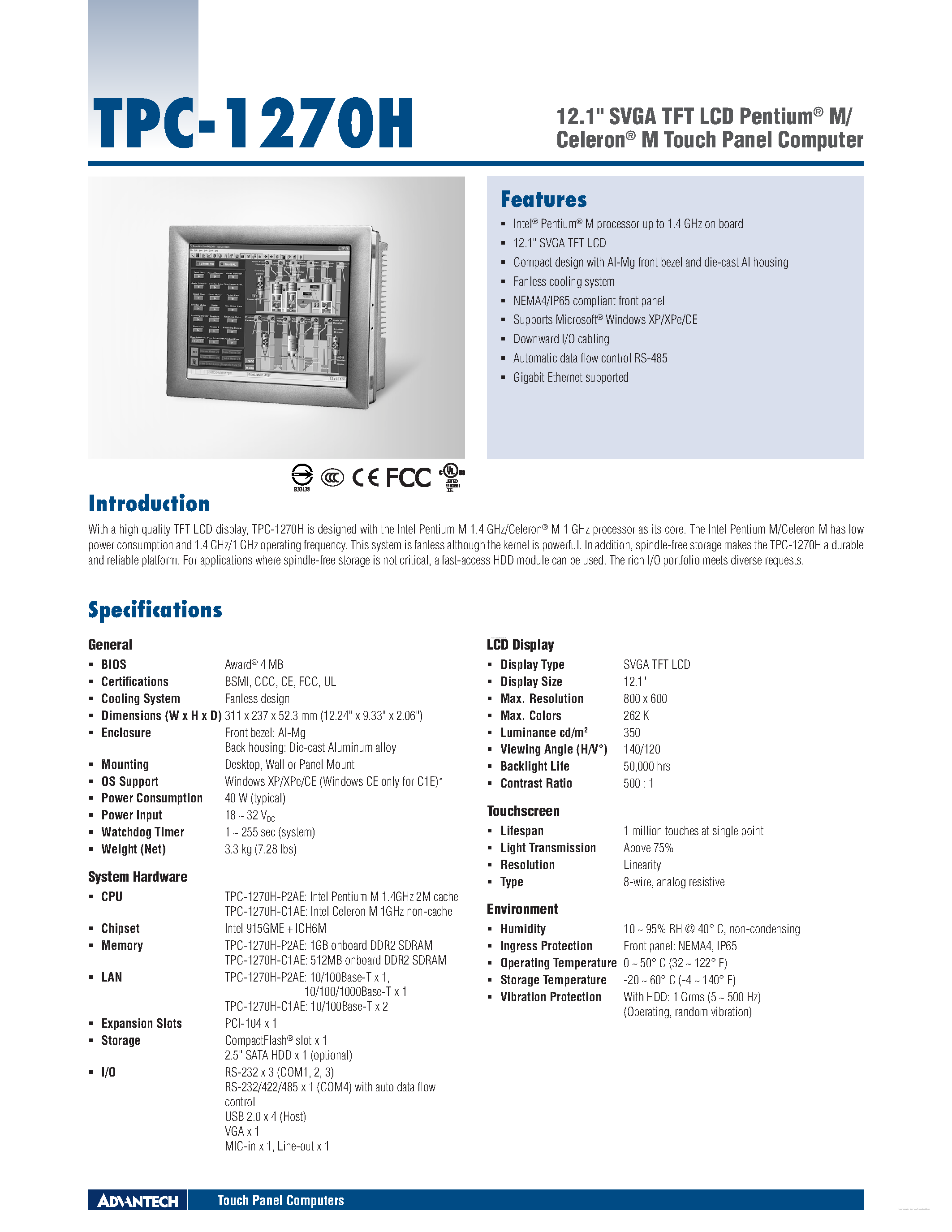 Datasheet TPC-1270H page 1 Datasheet TPC-1270H - 12.1 SVGA TFT LCD Pentium page 1