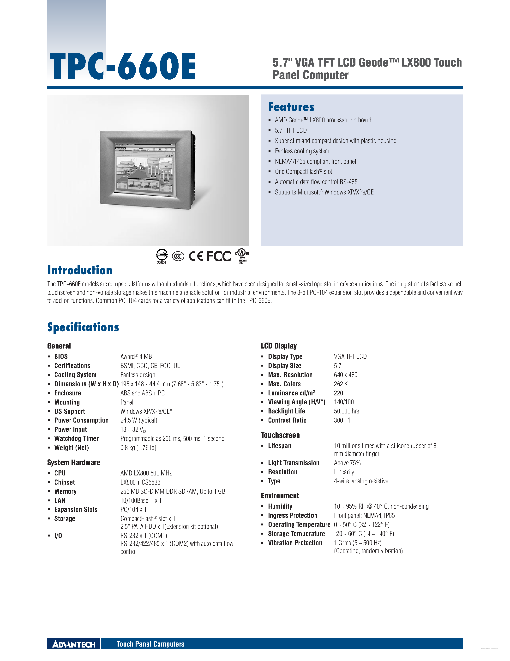 Datasheet TPC-660E - 5.7 VGA TFT LCD Geode page 1