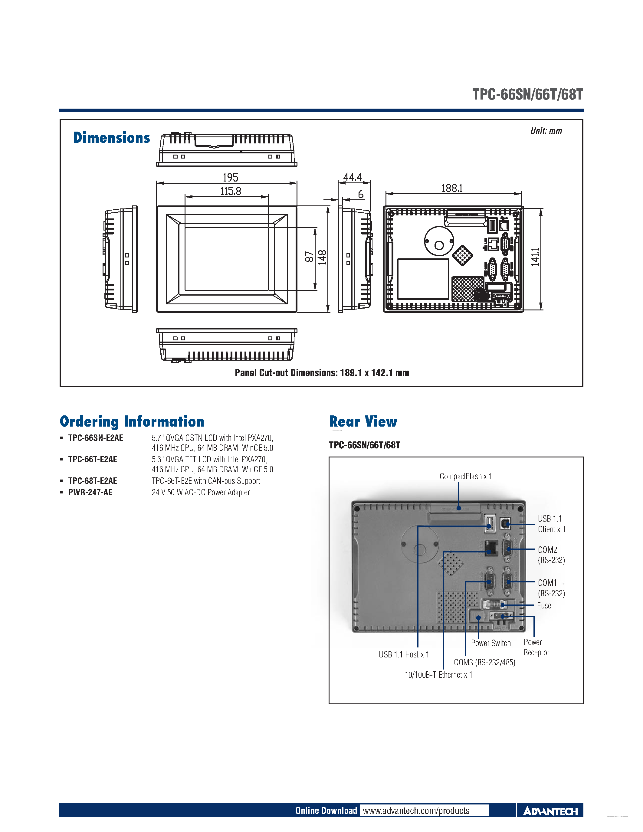 Даташит TPC-68T - 5.7 QVGA CSTN LCD XScale PXA270 Touch Panel Computer страница 2