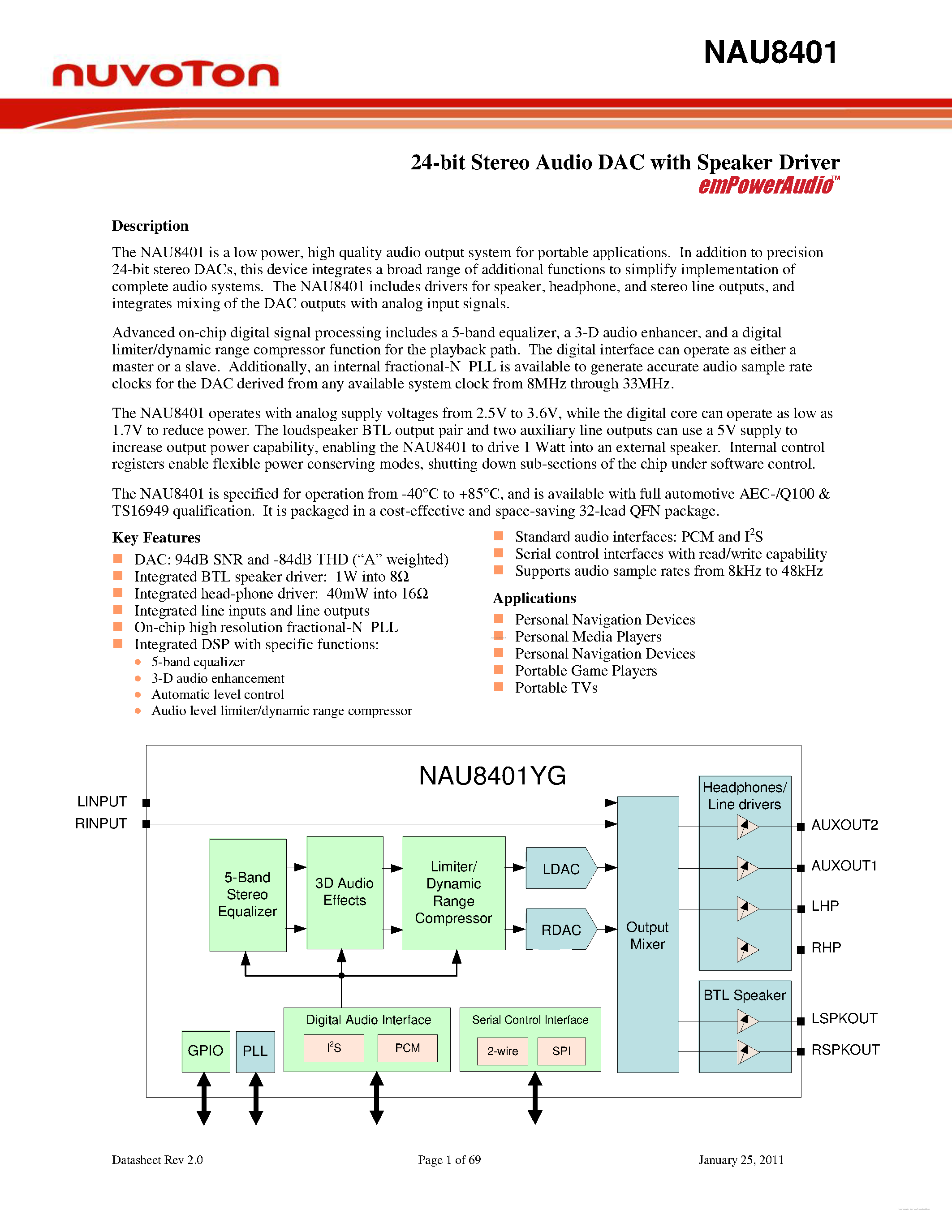 Datasheet NAU8401 - 24-bit Stereo Audio DAC page 1