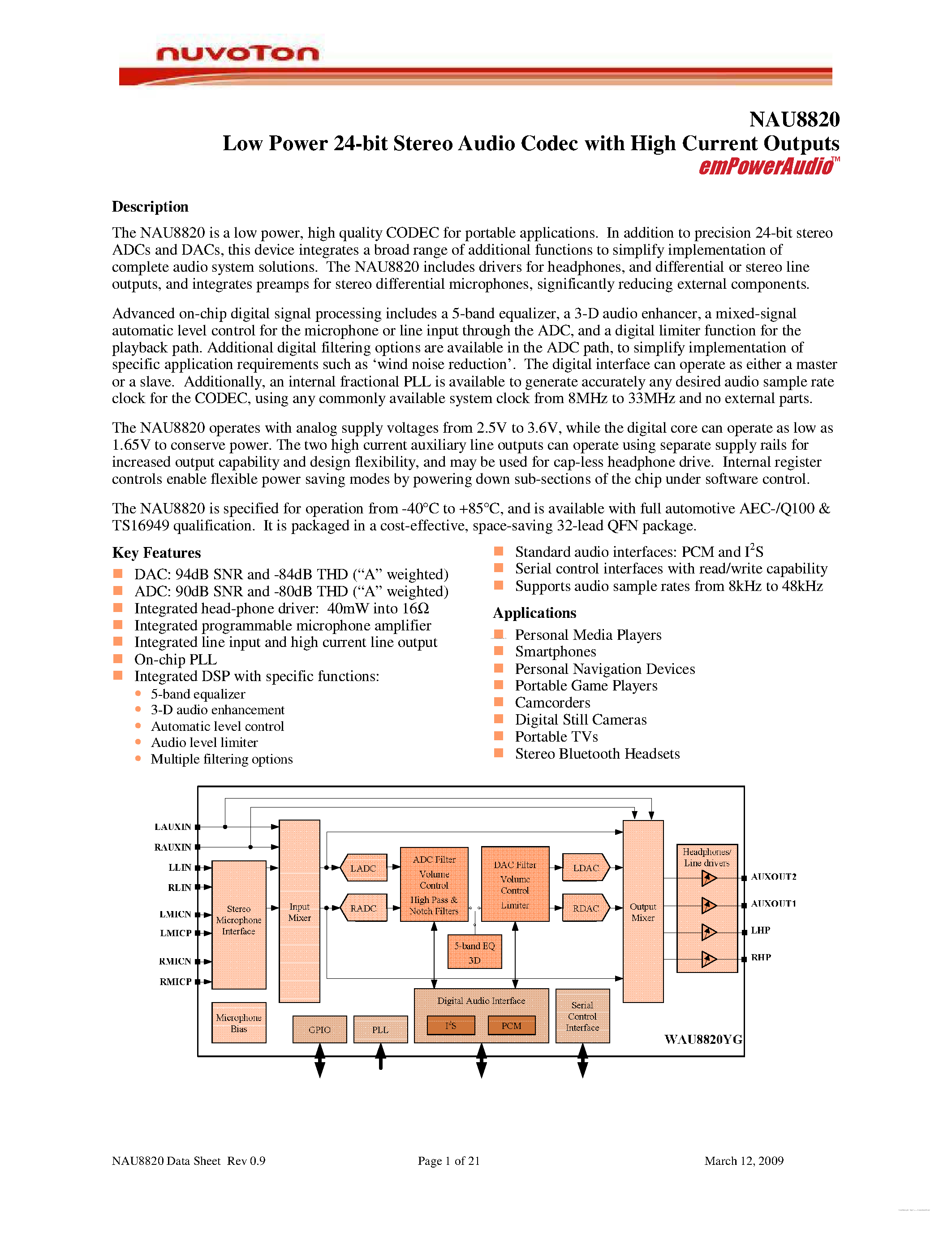 Даташит NAU8820 - Low Power 24-Bit Stereo Audio Codec страница 1