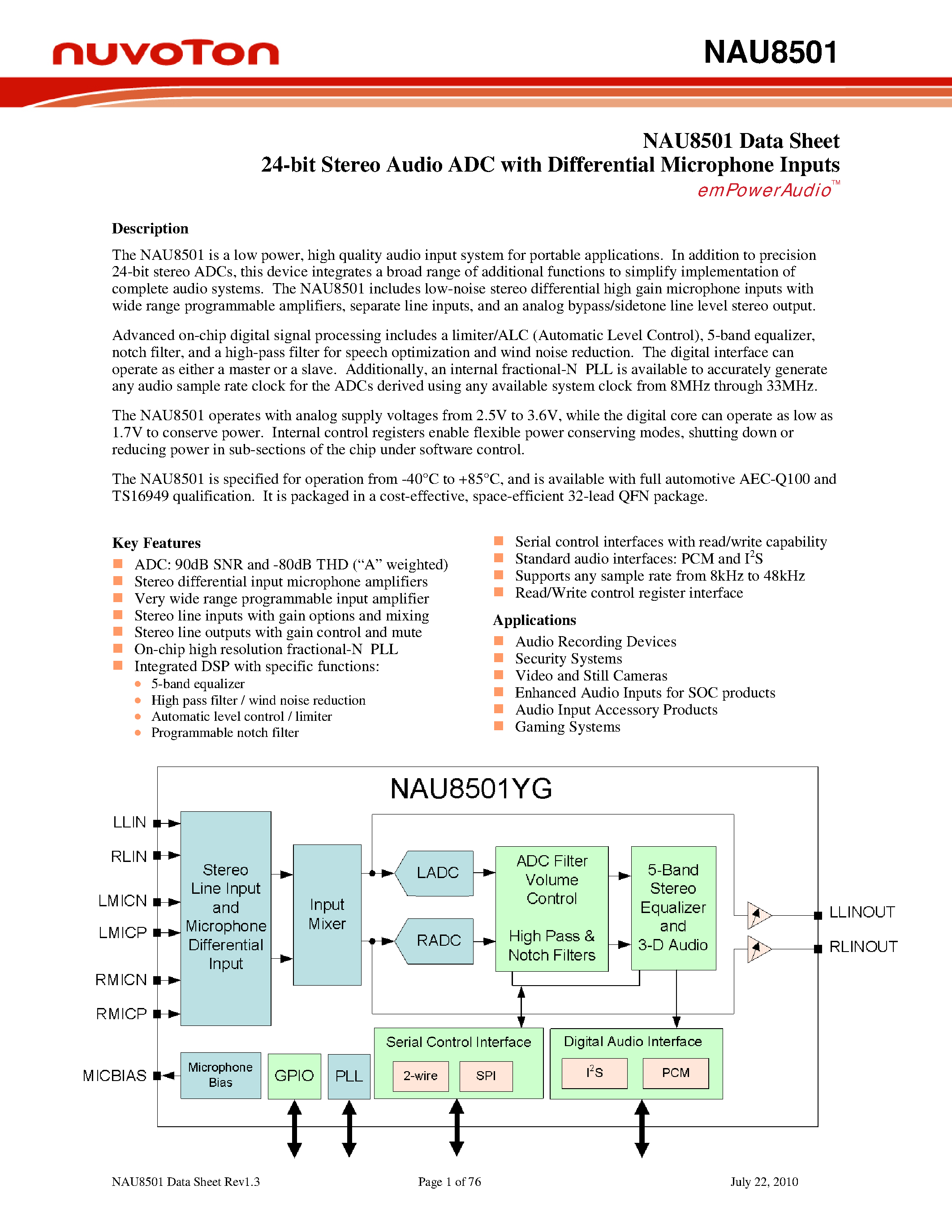 Datasheet NAU8501 - 24-Bit Stereo Audio ADC page 1