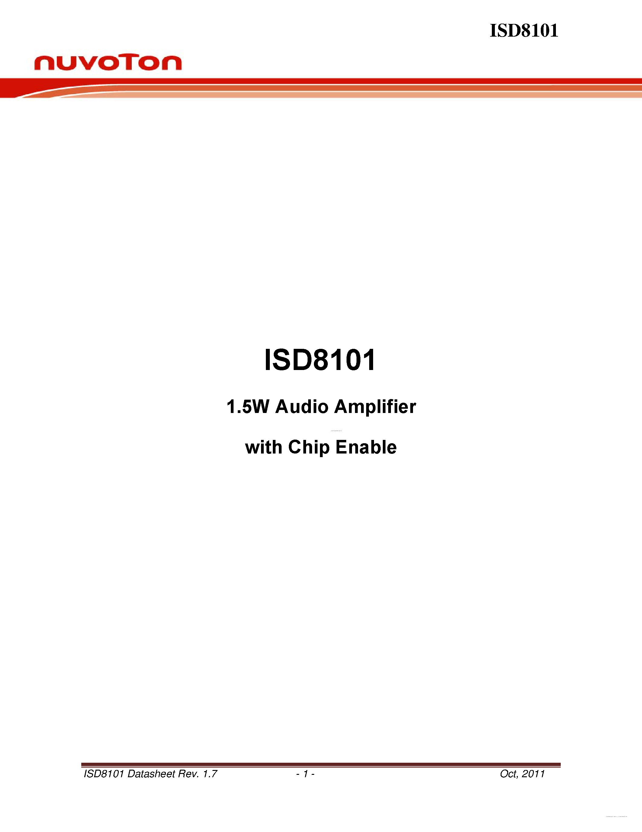Даташит на микросхему ISD8101 страница 1 Даташит ISD8101 - 1.5W Audio Amplifier страница 1