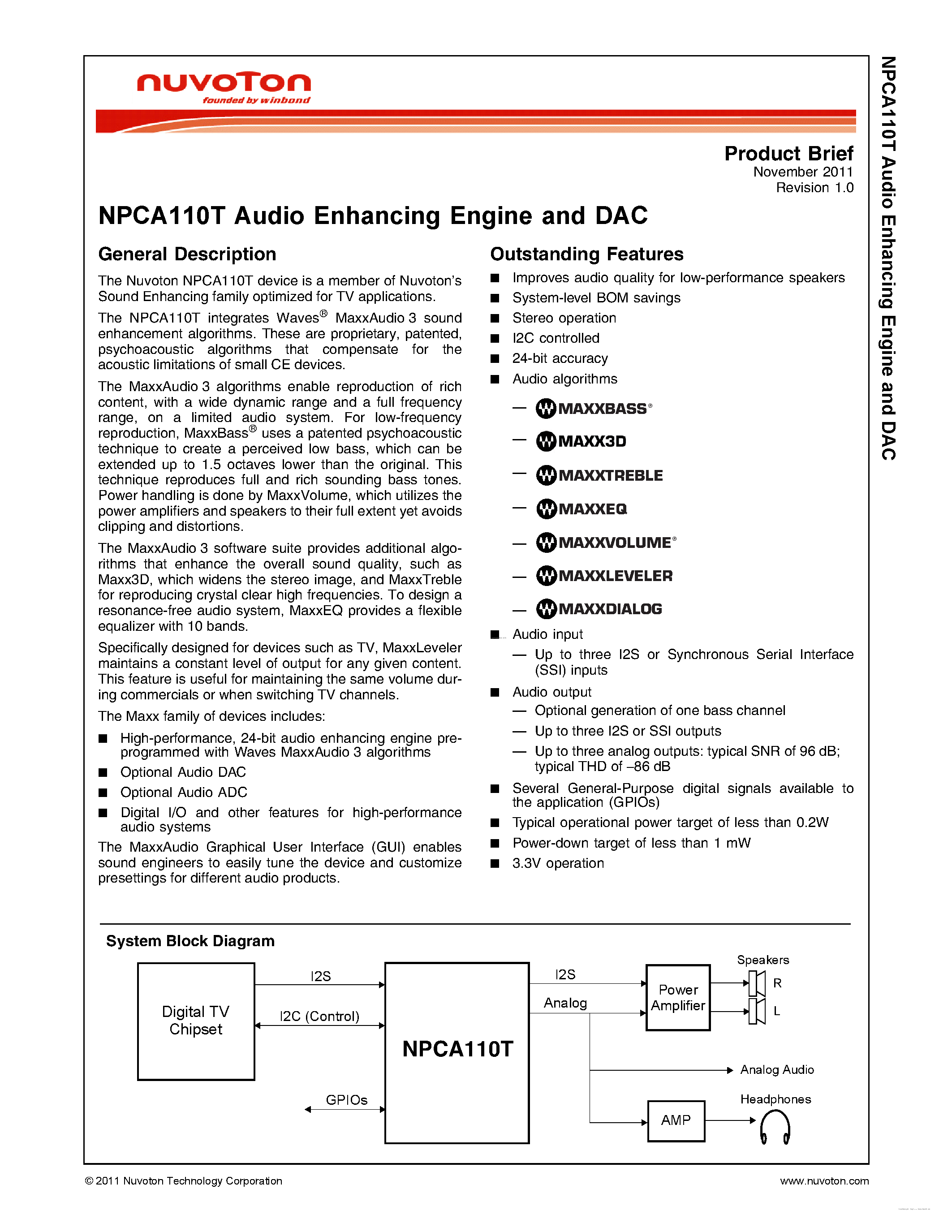 Datasheet NPCA110T - Audio Enhancing Engine and DAC page 1