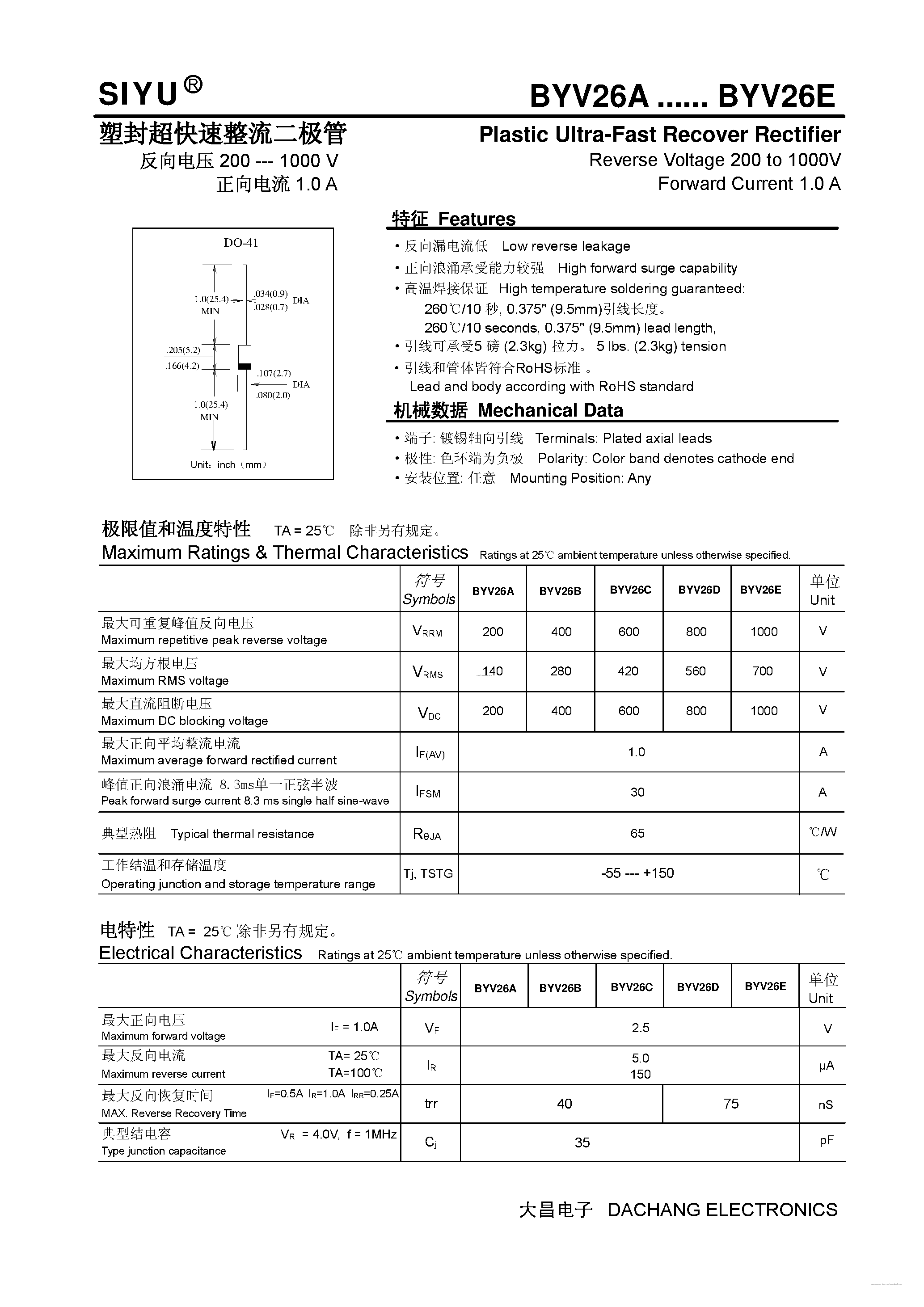 Datasheet BYV26A page 1 Datasheet BYV26A - (BYV26A - BYV26E) Plastic Ultra-Fast Recover Rectifier page 1