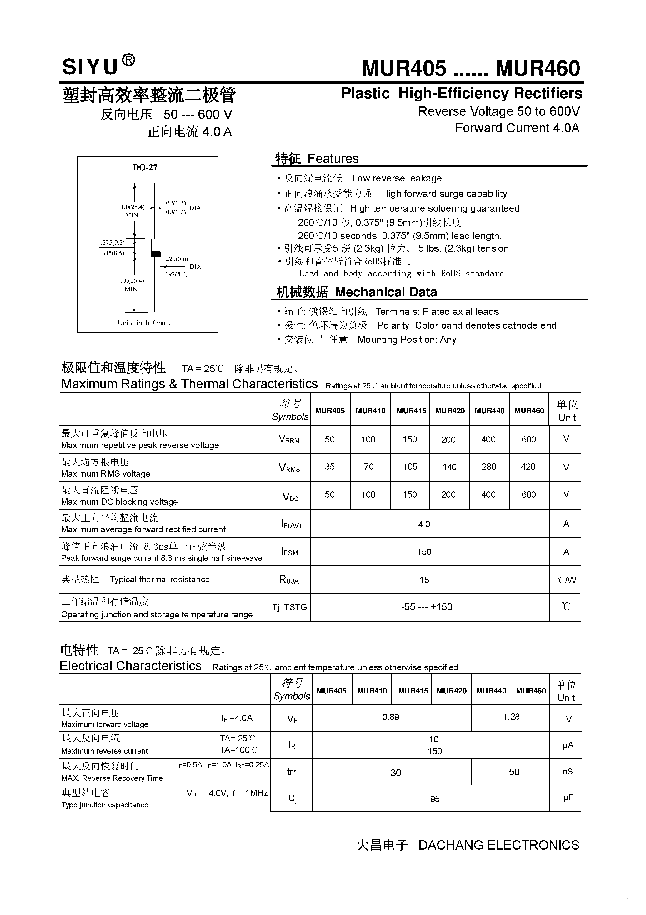 Datasheet MUR405 - (MUR405 - MUR460) Plastic High-Efficiency Rectifiers page 1