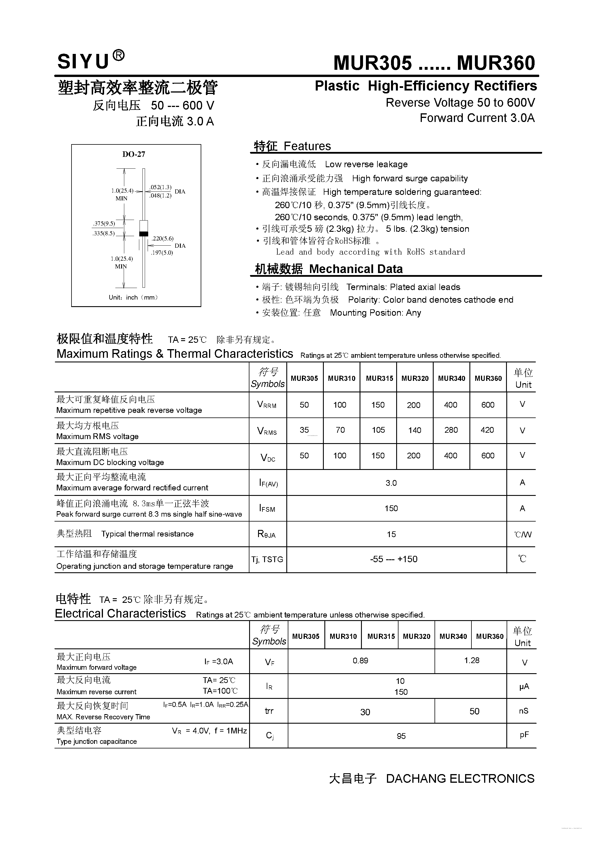 Datasheet MUR305 page 1 Datasheet MUR305 - (MUR305 - MUR360) Plastic High-Efficiency Rectifiers page 1