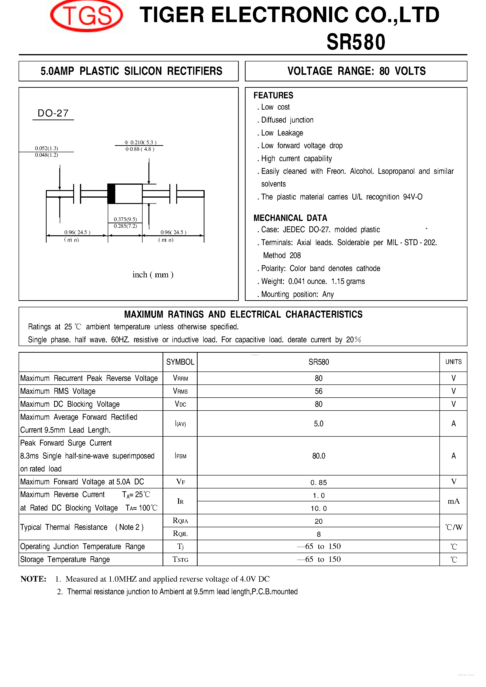 Datasheet SR580 - 5.0AMP PLASTIC SILICON RECTIFIERS page 1