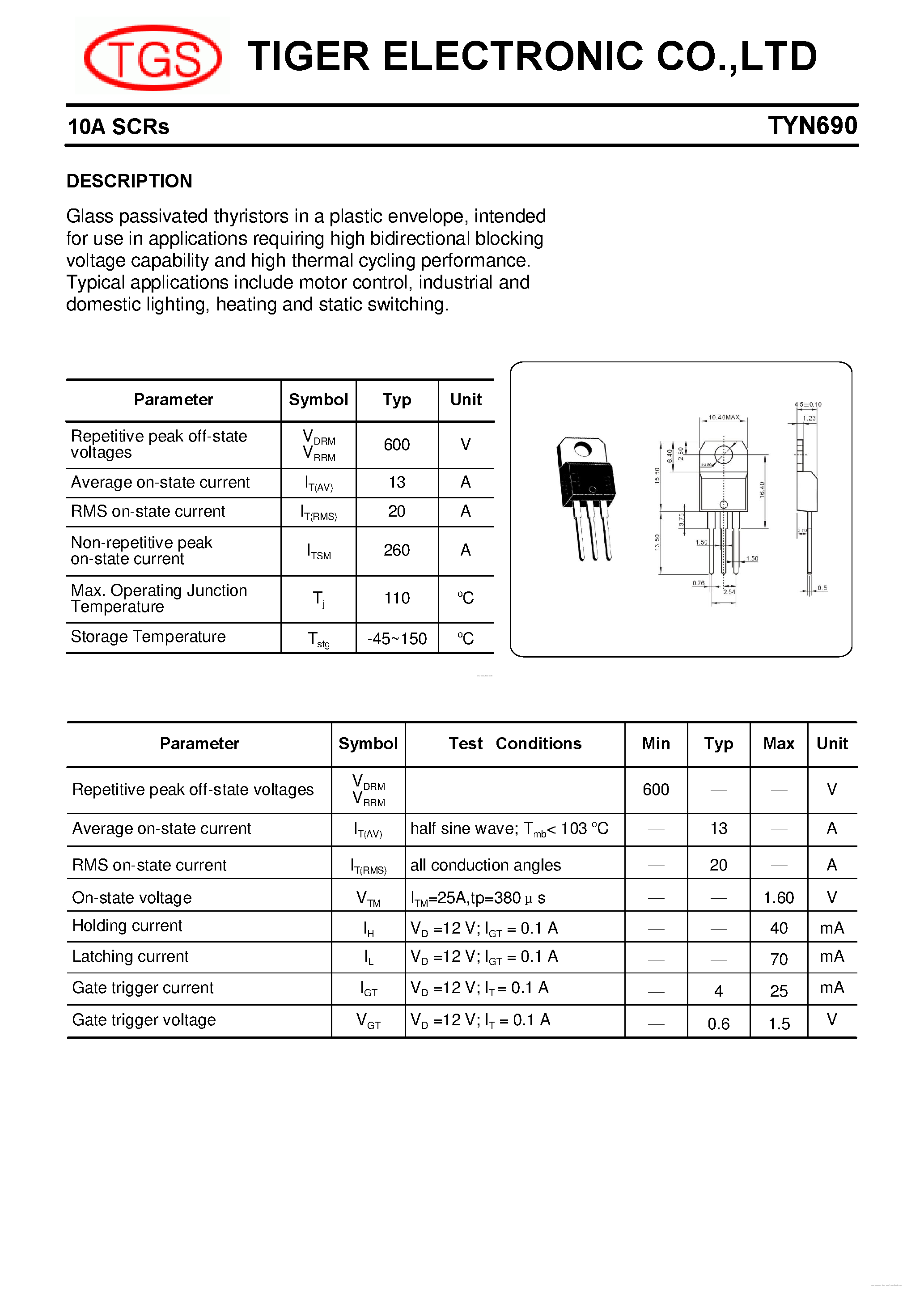 Datasheet TYN690 - 10A SCRs page 1