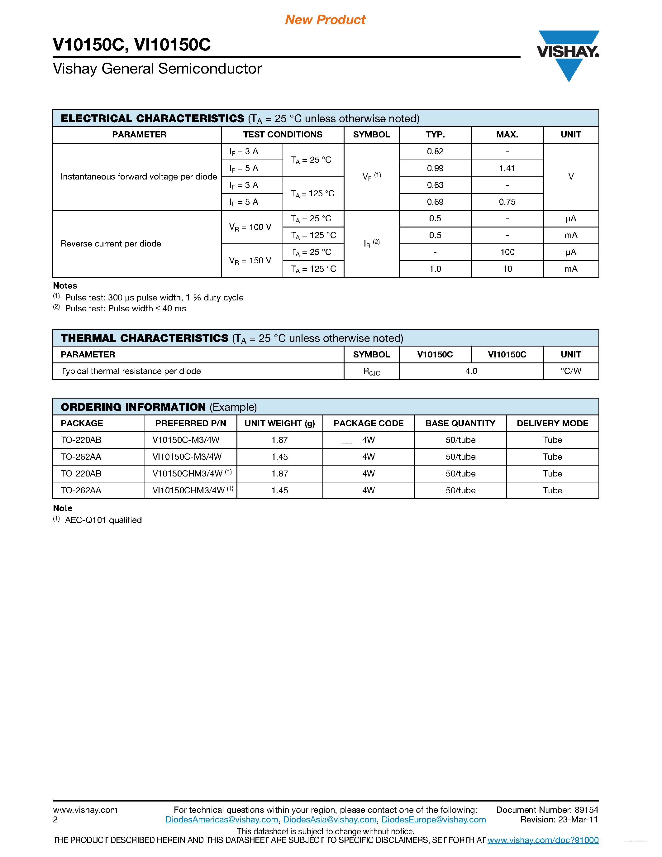 Datasheet VI10150C - Dual High-Voltage Trench MOS Barrier Schottky Rectifier page 2