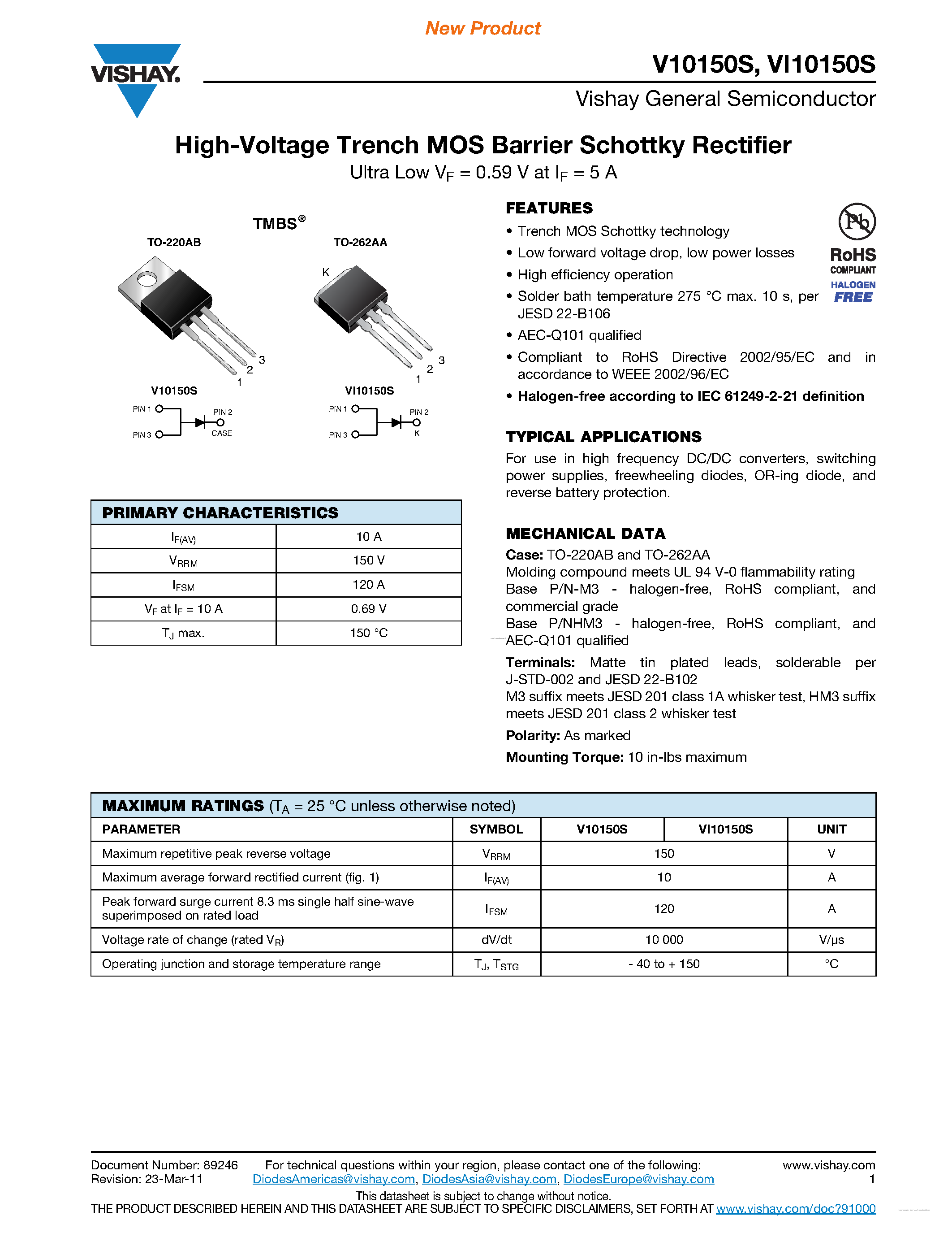 Datasheet VI10150S - High-Voltage Trench MOS Barrier Schottky Rectifier page 1