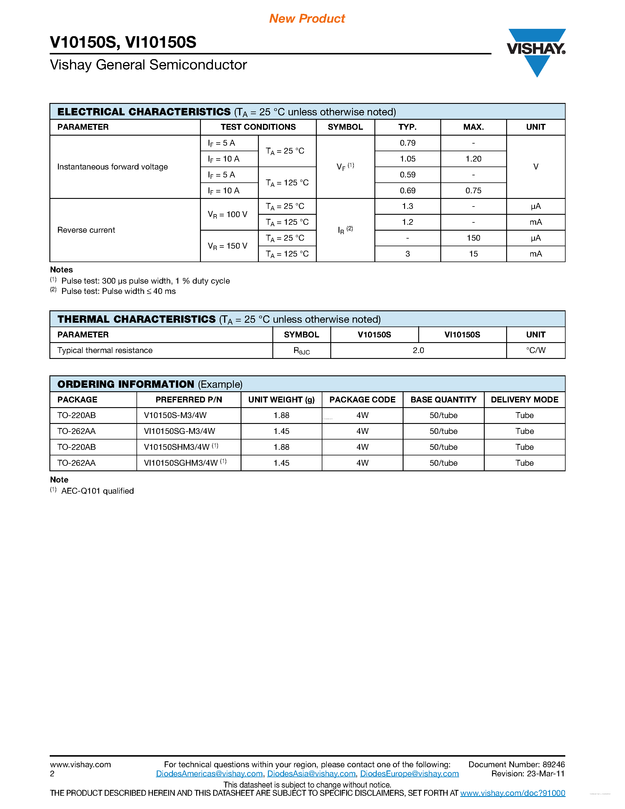 Datasheet VI10150S - High-Voltage Trench MOS Barrier Schottky Rectifier page 2