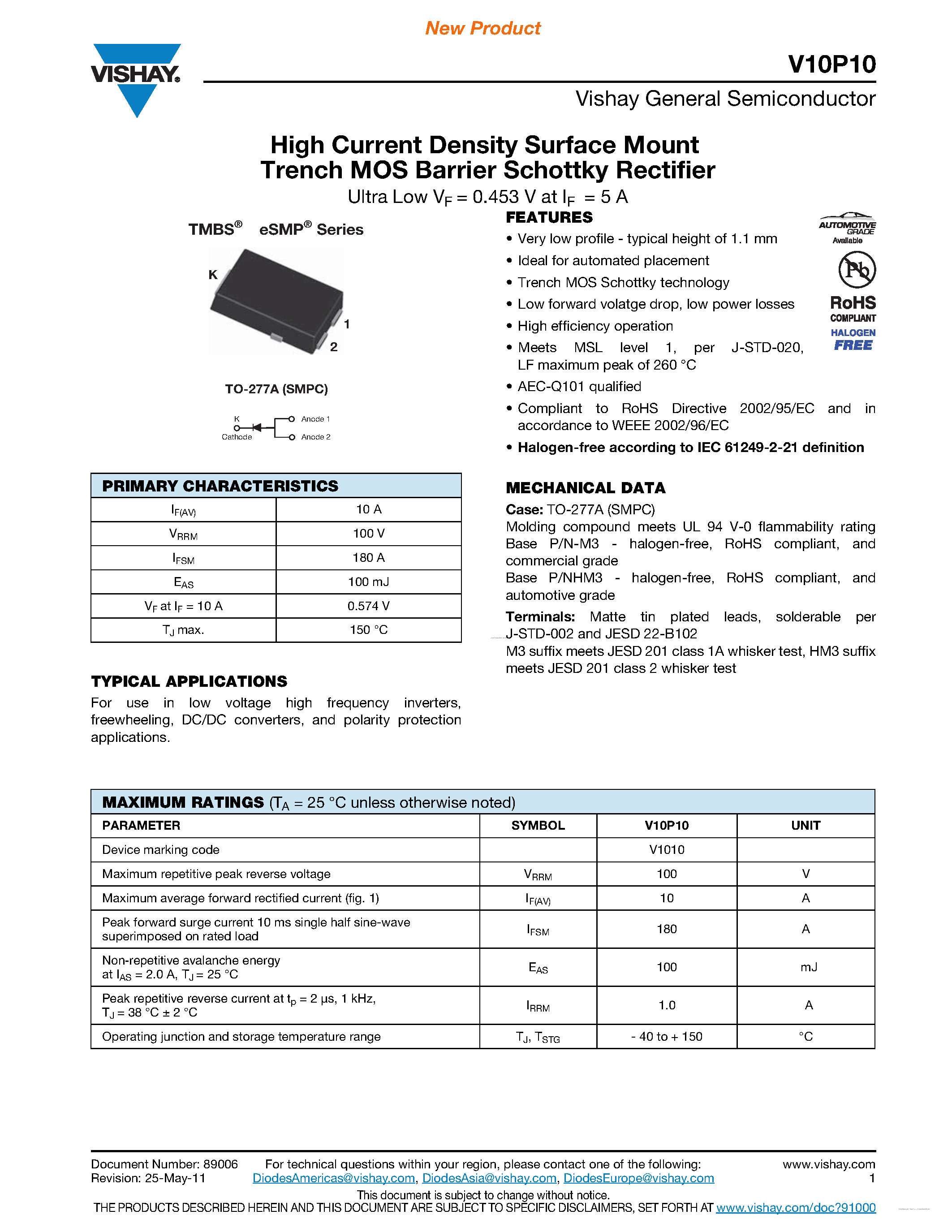 Datasheet V10P10 page 1 Datasheet V10P10 - High Current Density Surface Mount Trench MOS Barrier Schottky Rectifier page 1