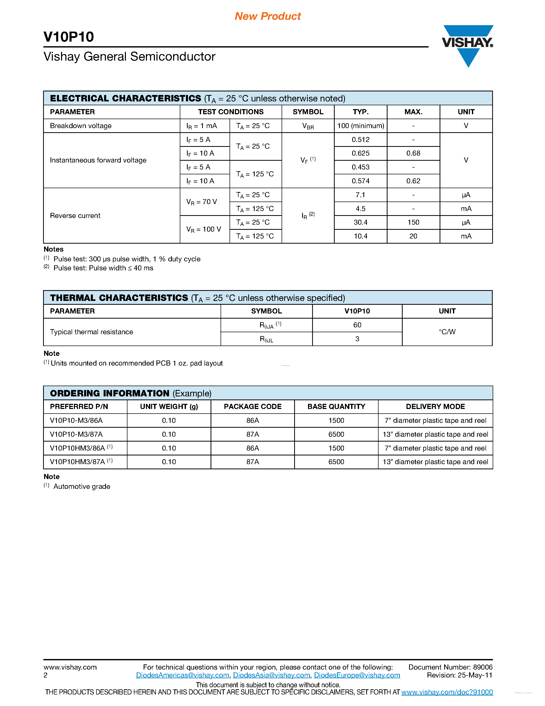 Datasheet V10P10 page 2 Datasheet V10P10 - High Current Density Surface Mount Trench MOS Barrier Schottky Rectifier page 2