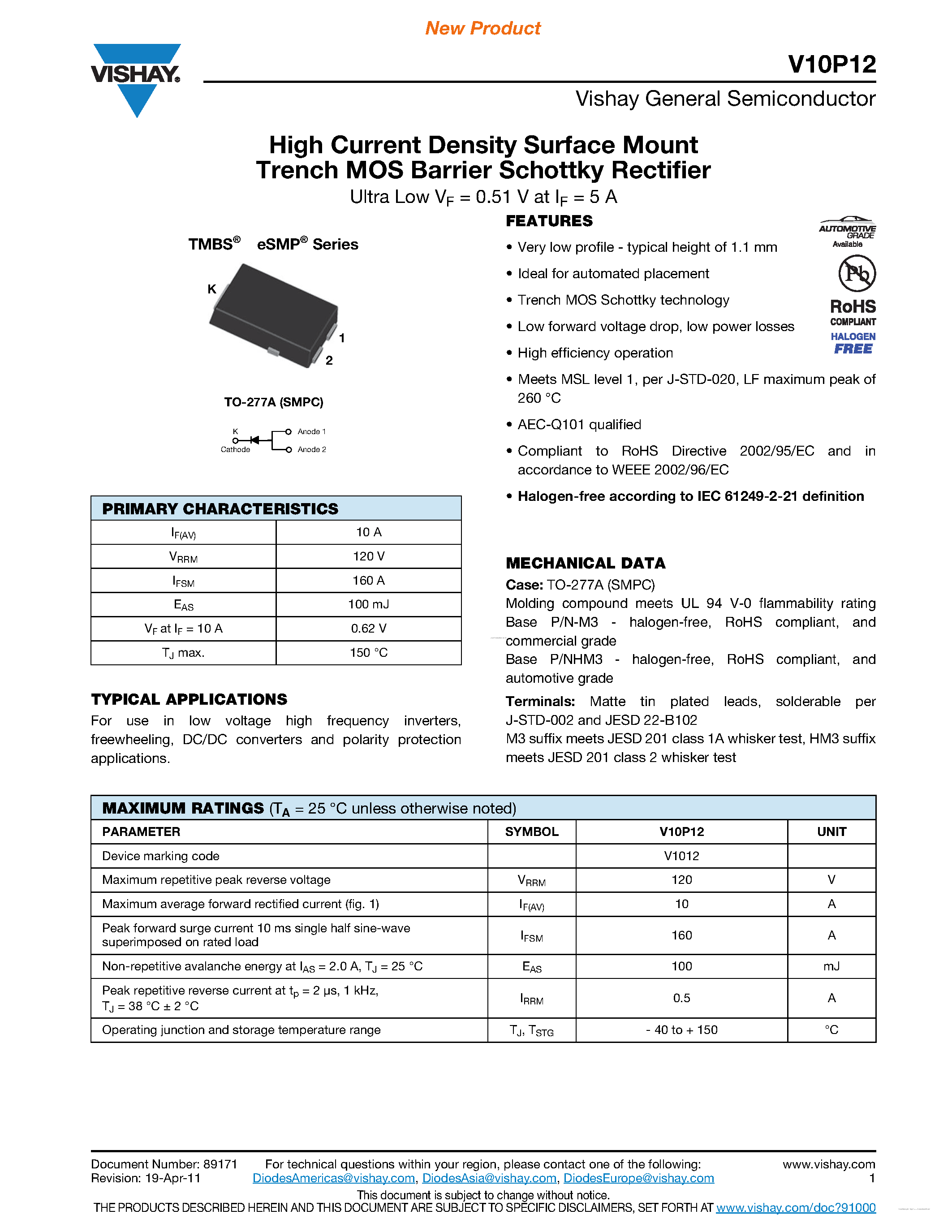 Datasheet V10P12 - High Current Density Surface Mount Trench MOS Barrier Schottky Rectifier page 1