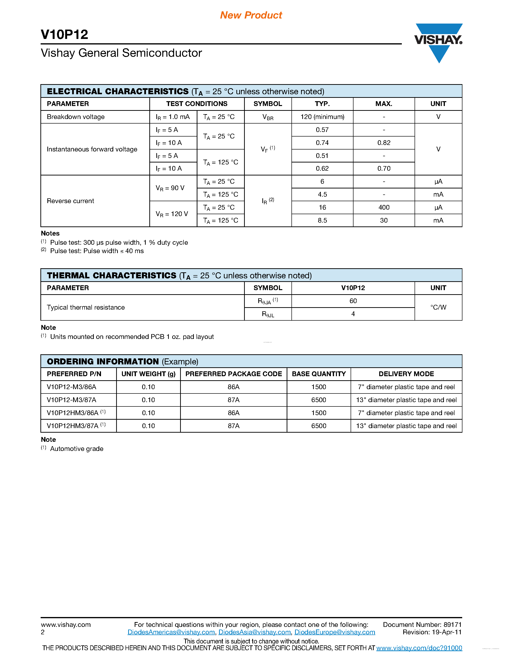 Datasheet V10P12 - High Current Density Surface Mount Trench MOS Barrier Schottky Rectifier page 2