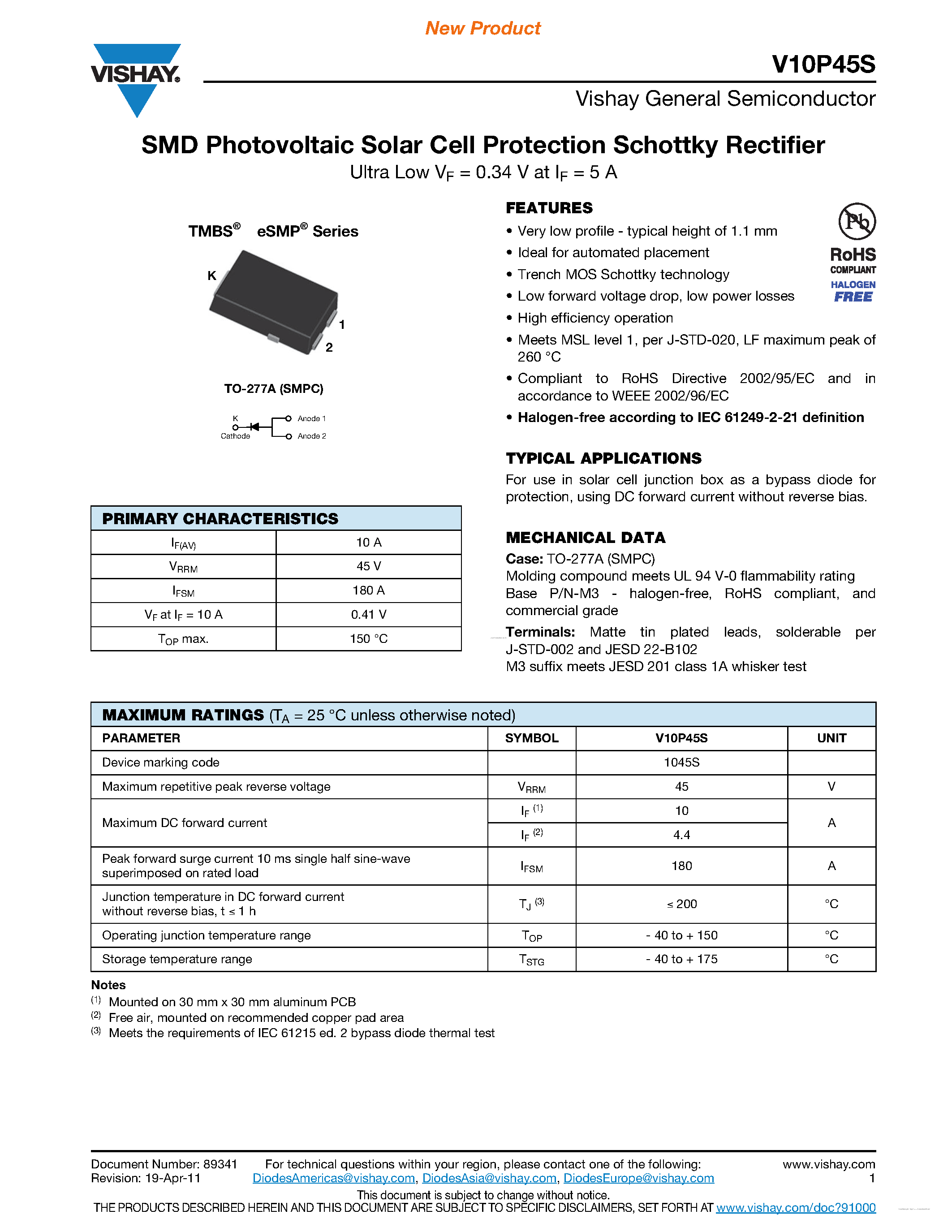 Datasheet V10P45S - SMD Photovoltaic Solar Cell Protection Schottky Rectifier page 1