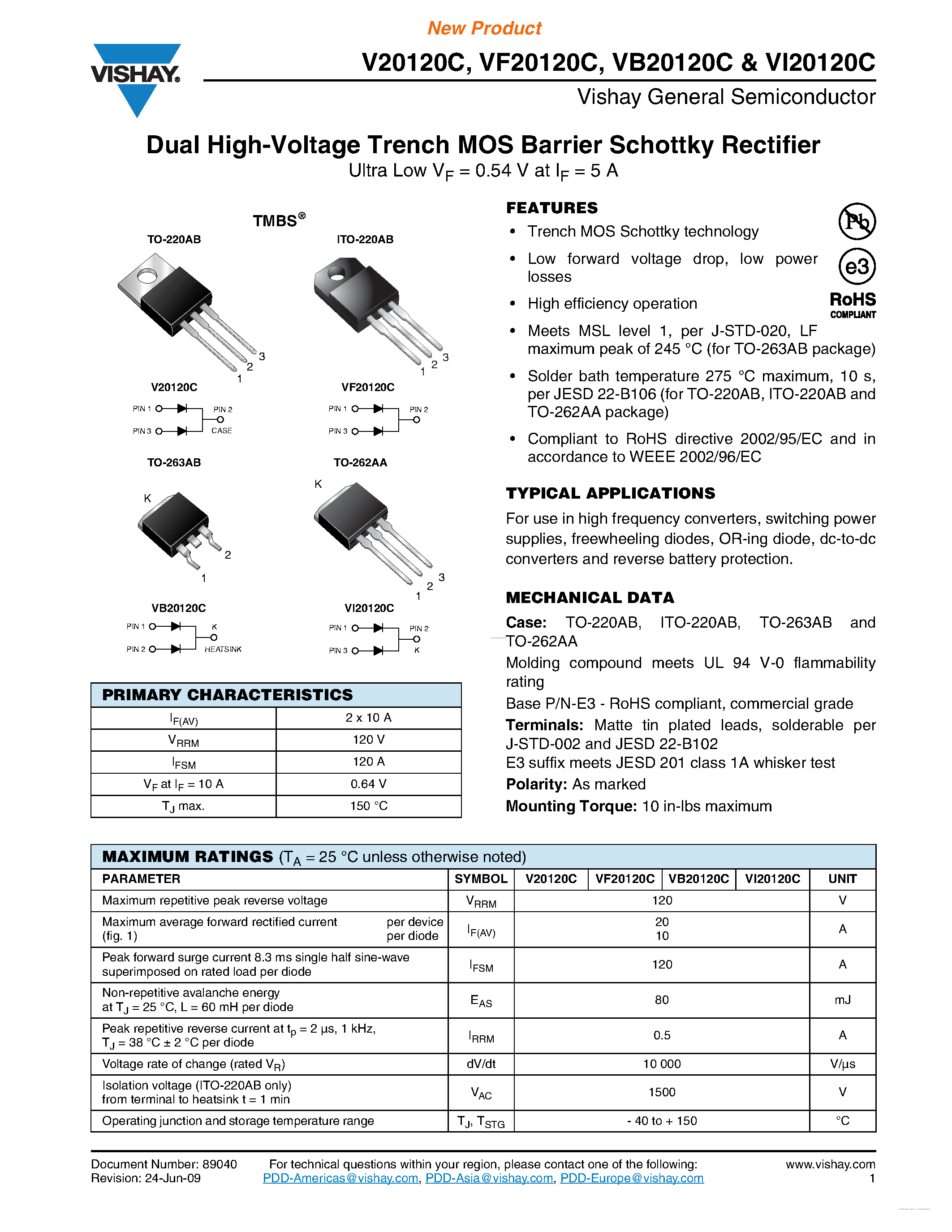 Datasheet VI20120C - Dual High-Voltage Trench MOS Barrier Schottky Rectifier page 1