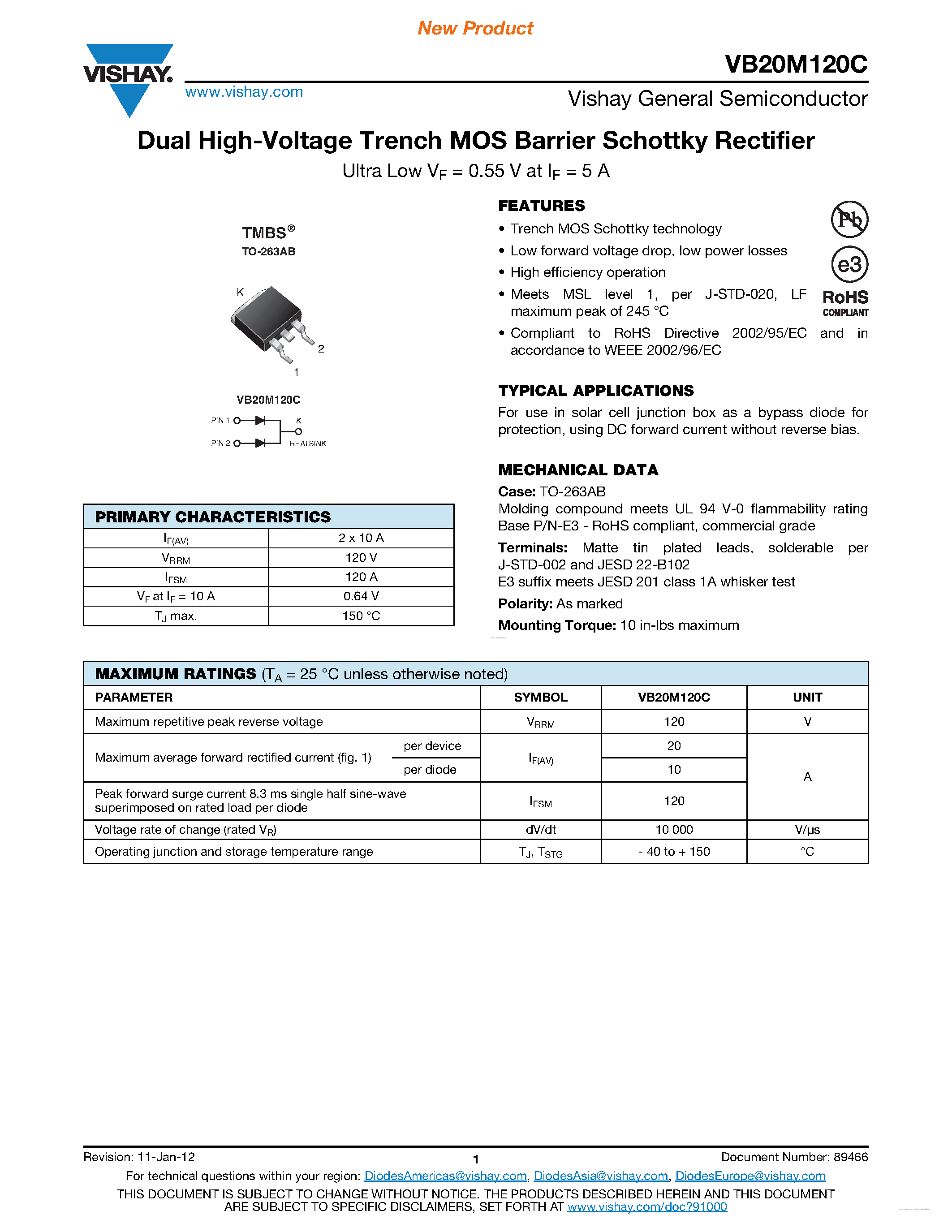 Datasheet VB20M120C - Dual High-Voltage Trench MOS Barrier Schottky Rectifier page 1