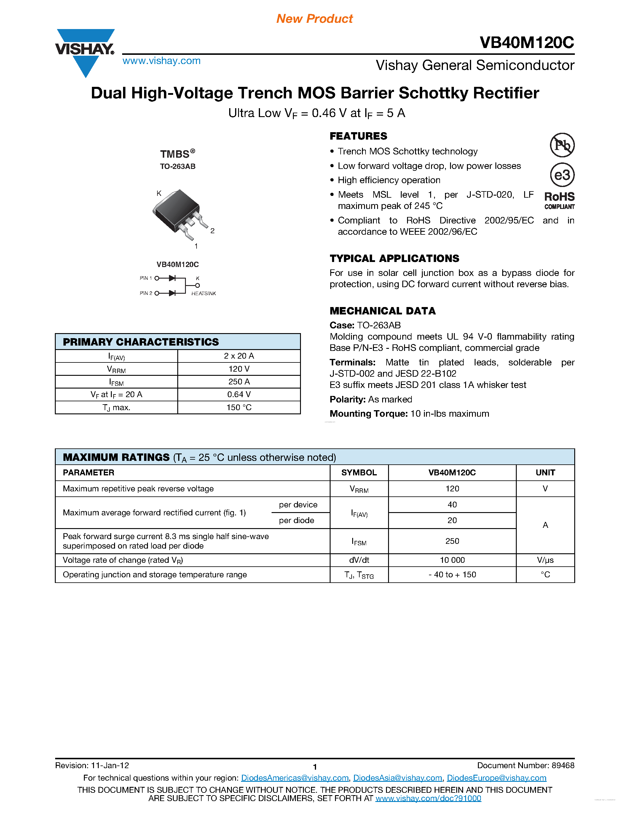Datasheet VB40M120C - Dual High-Voltage Trench MOS Barrier Schottky Rectifier page 1