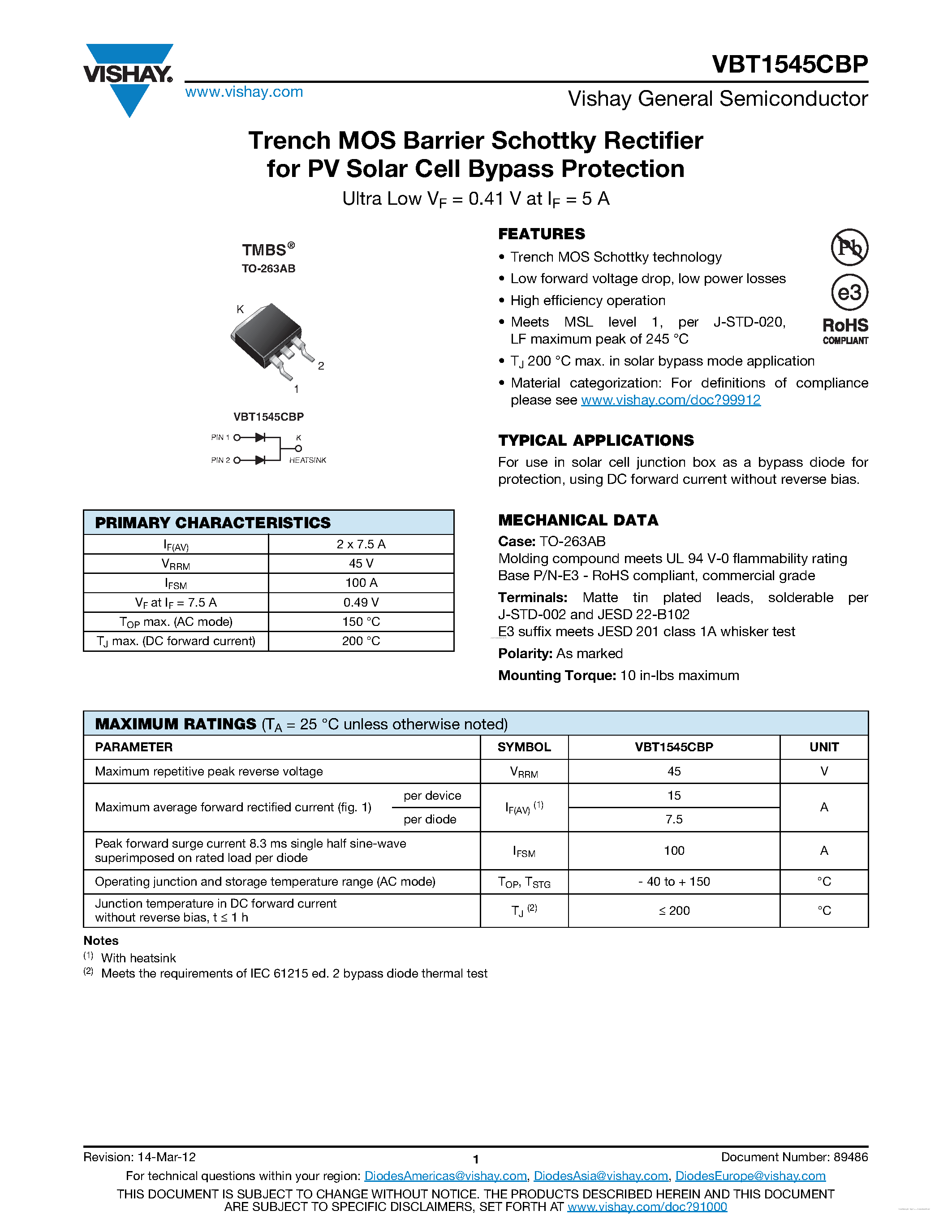 Datasheet VBT1545CBP page 1 Datasheet VBT1545CBP - Trench MOS Barrier Schottky Rectifier page 1