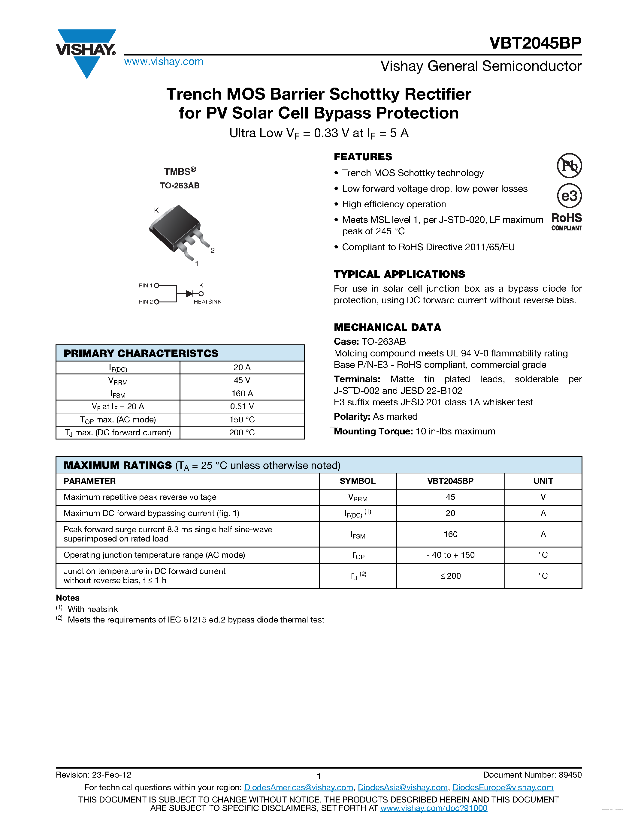 Datasheet VBT2045BP page 1 Datasheet VBT2045BP - Trench MOS Barrier Schottky Rectifier page 1